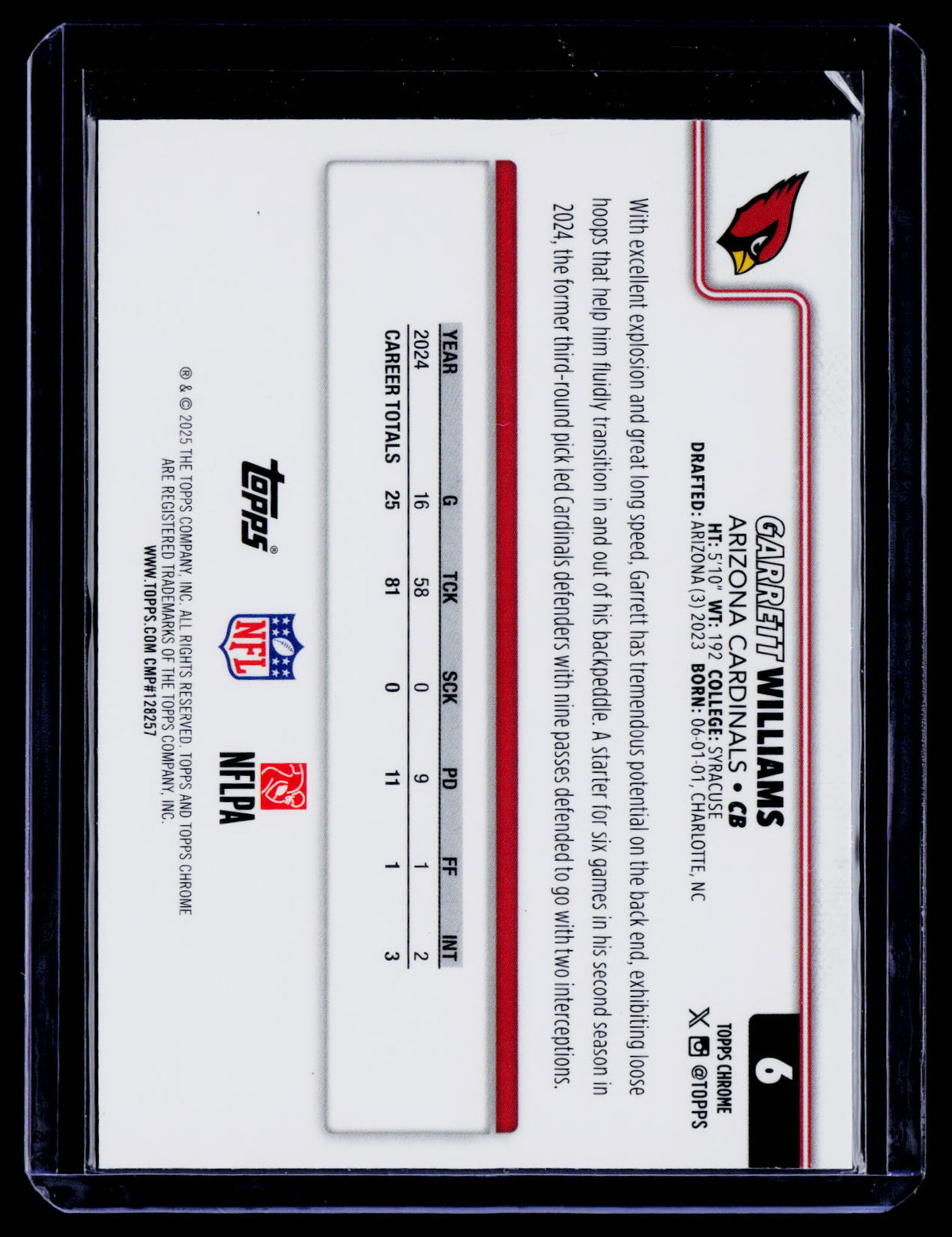 Garrett Williams 2025 Topps Chrome 6 Pulsar Refractor Arizona Cardinals