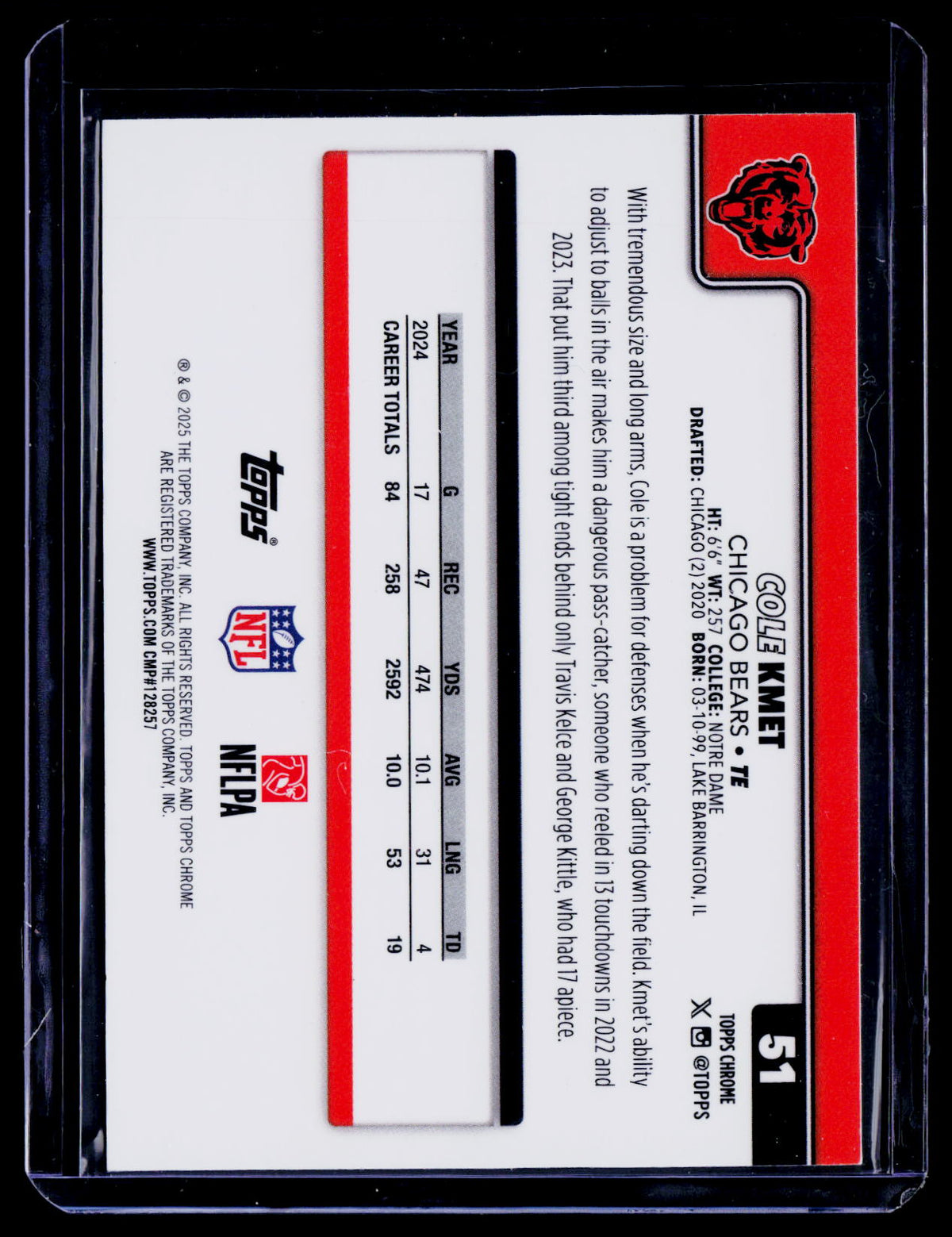 Cole Kmet 2025 Topps Chrome 51 Refractor Chicago Bears