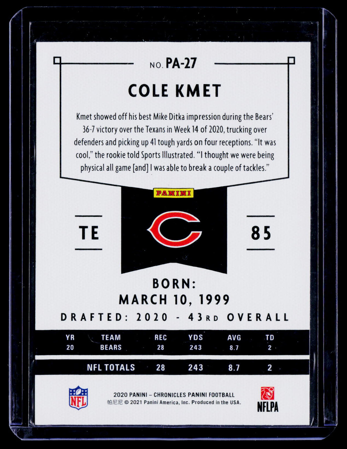 Cole Kmet 2020 Panini Chronicles PA-27 Chicago Bears