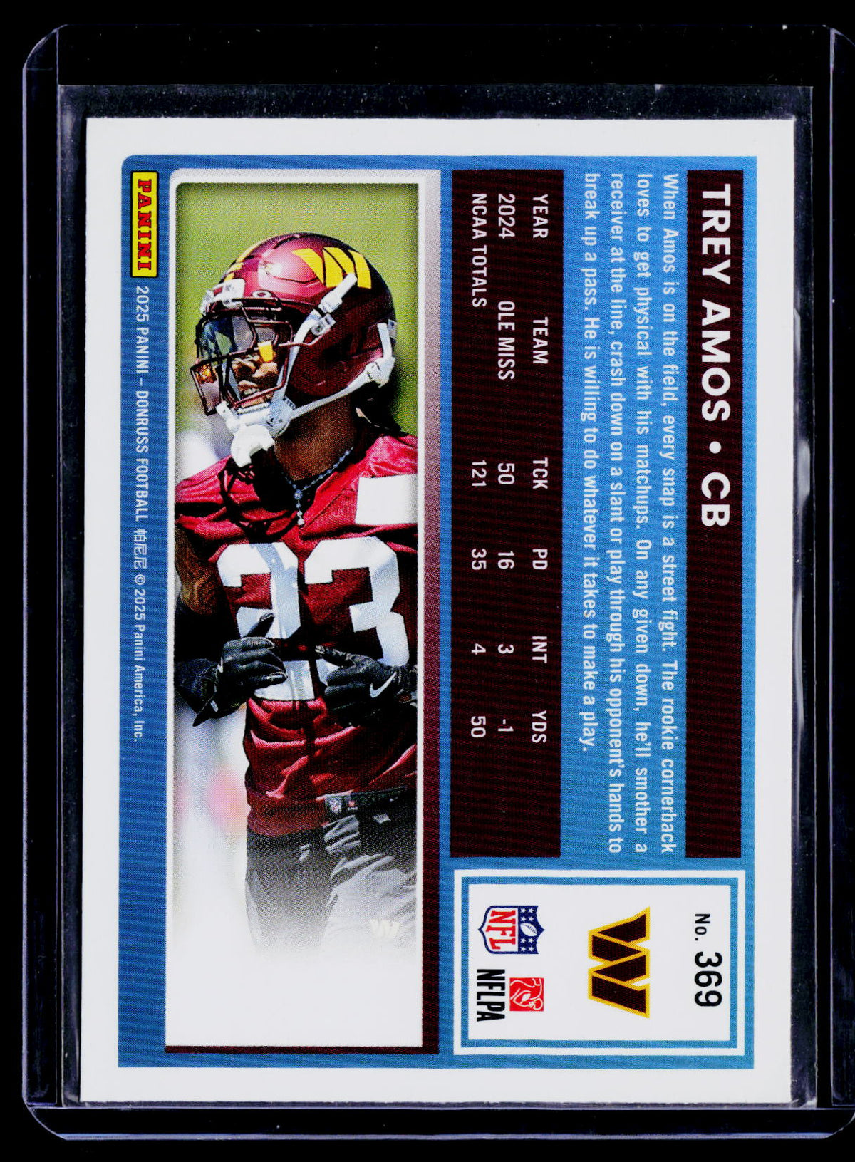 Trey Amos 2025 Donruss 369 RC RC Washington Commanders