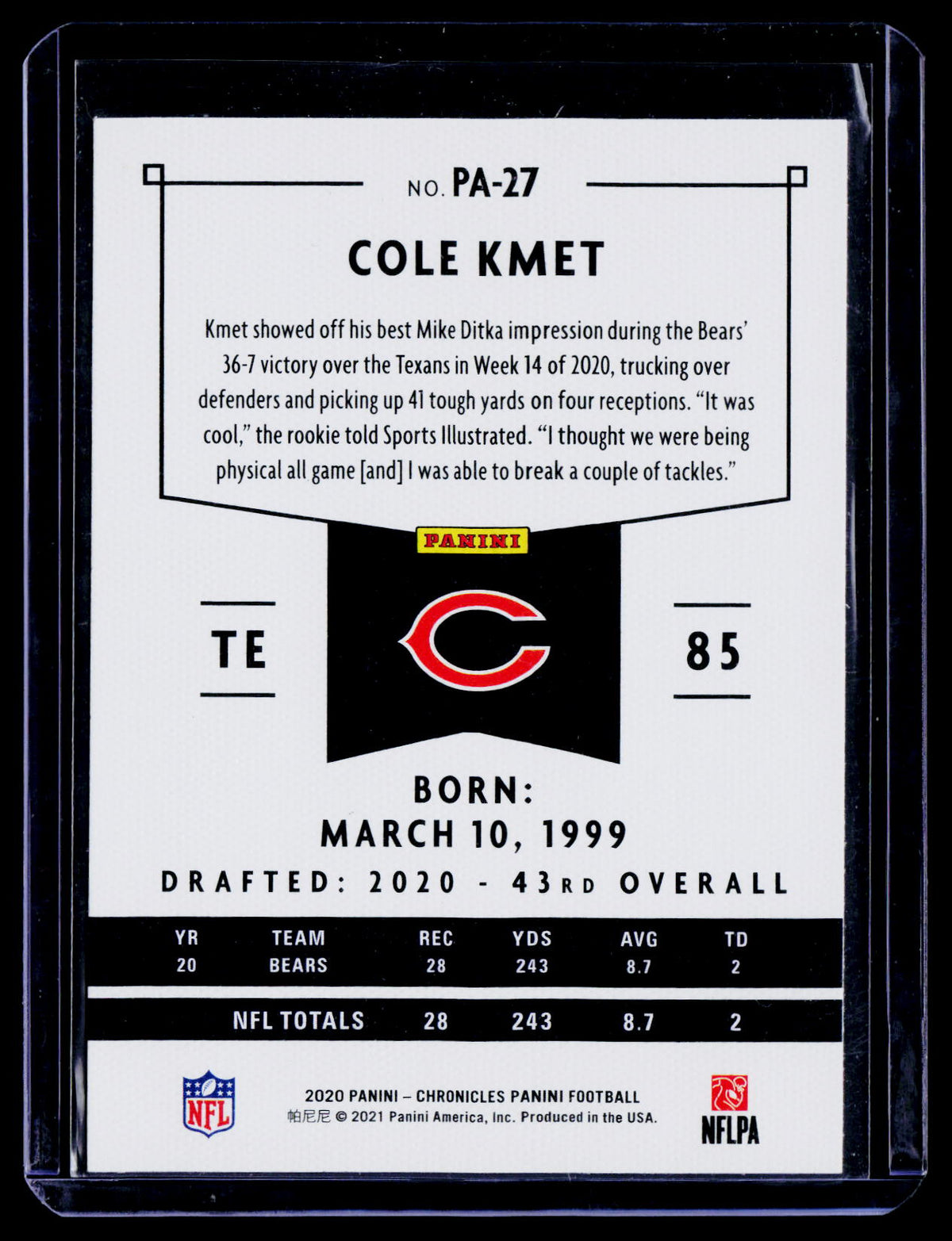 Cole Kmet 2020 Panini Chronicles PA-27 Chicago Bears
