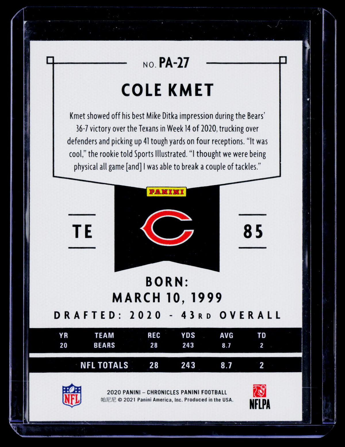 Cole Kmet 2020 Panini Chronicles PA-27 SN Chicago Bears