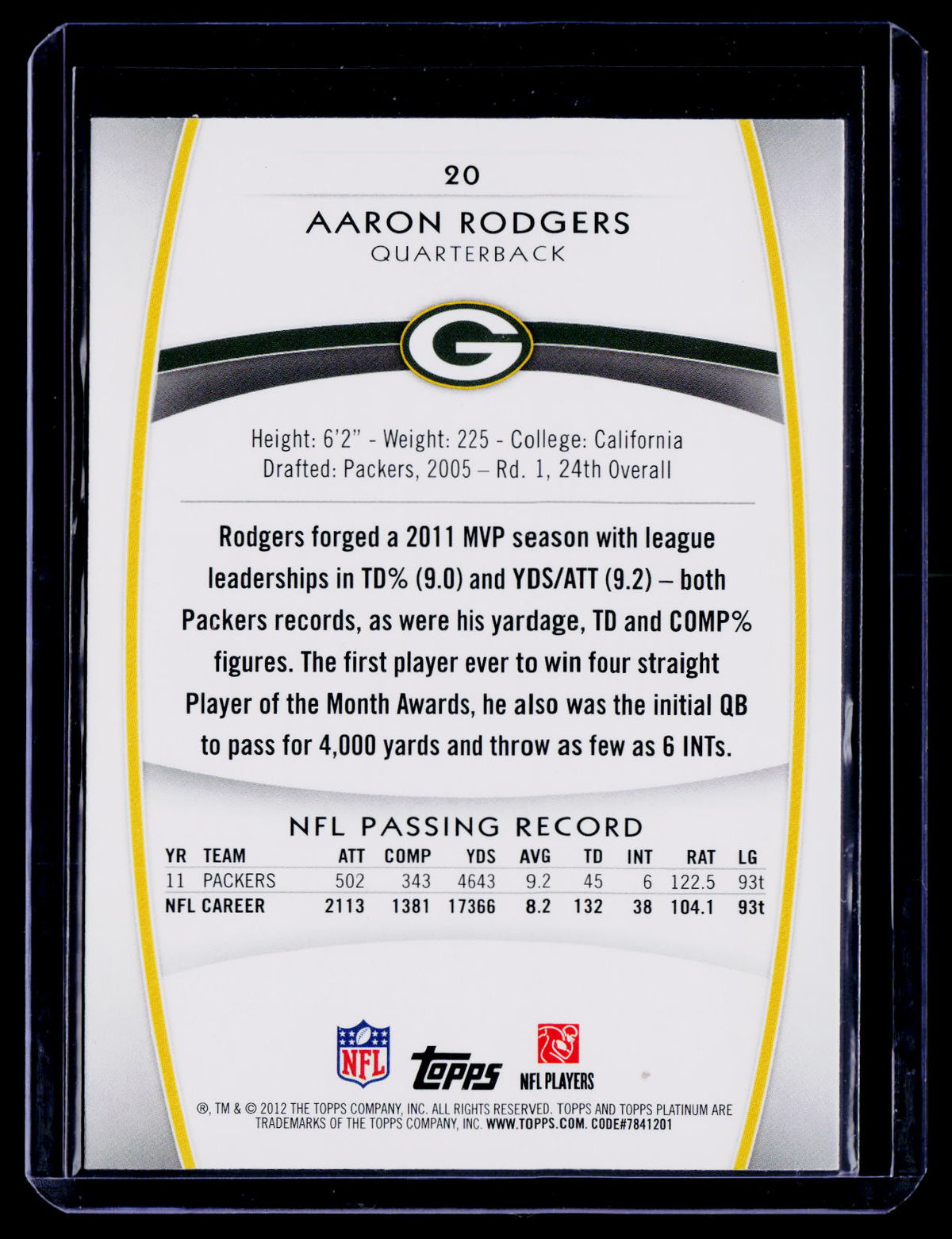 Aaron Rodgers 2012 Topps Platinum 20 Green Bay Packers