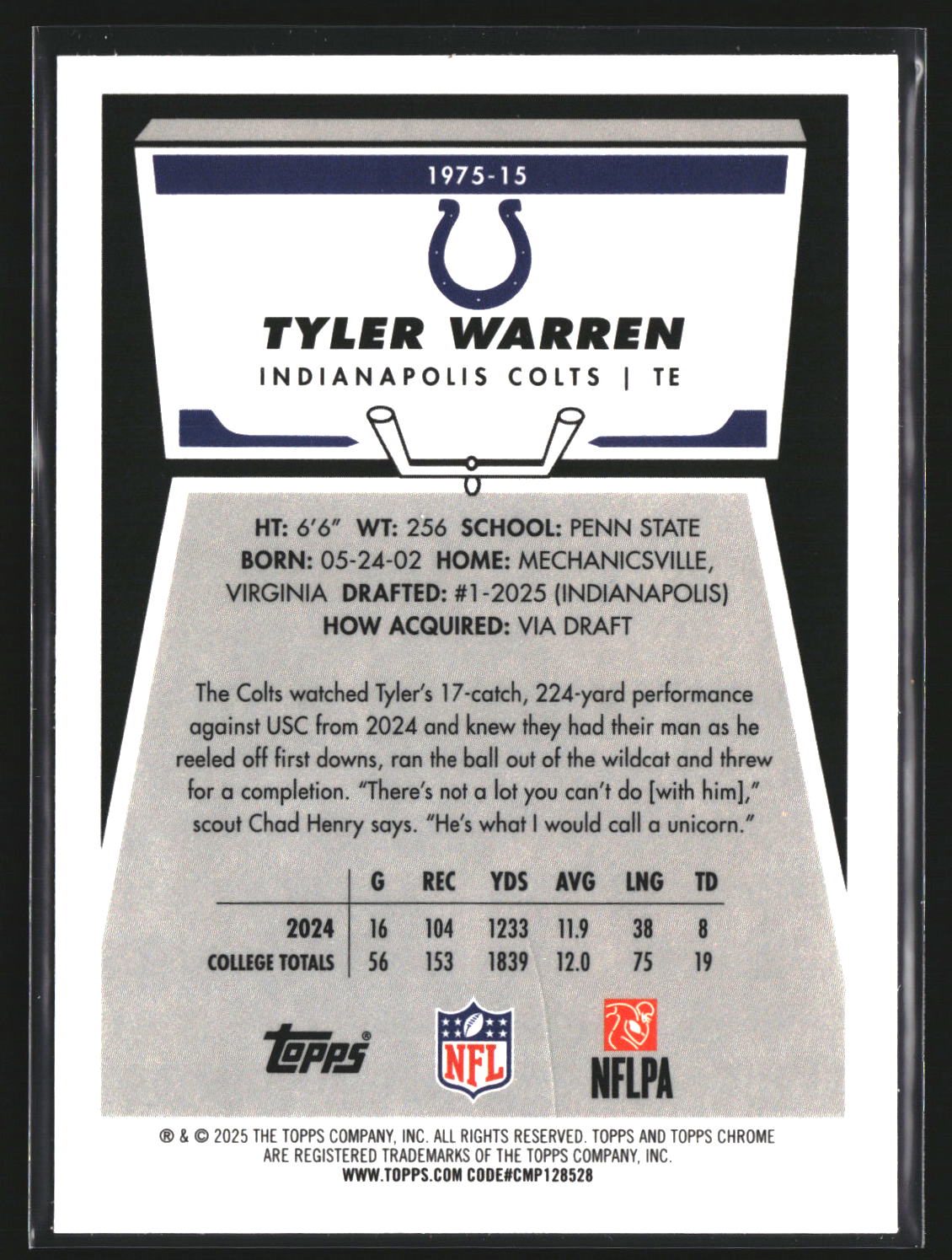 Tyler Warren 2025 Topps Chrome 1975-15 1975 Topps Indianapolis Colts