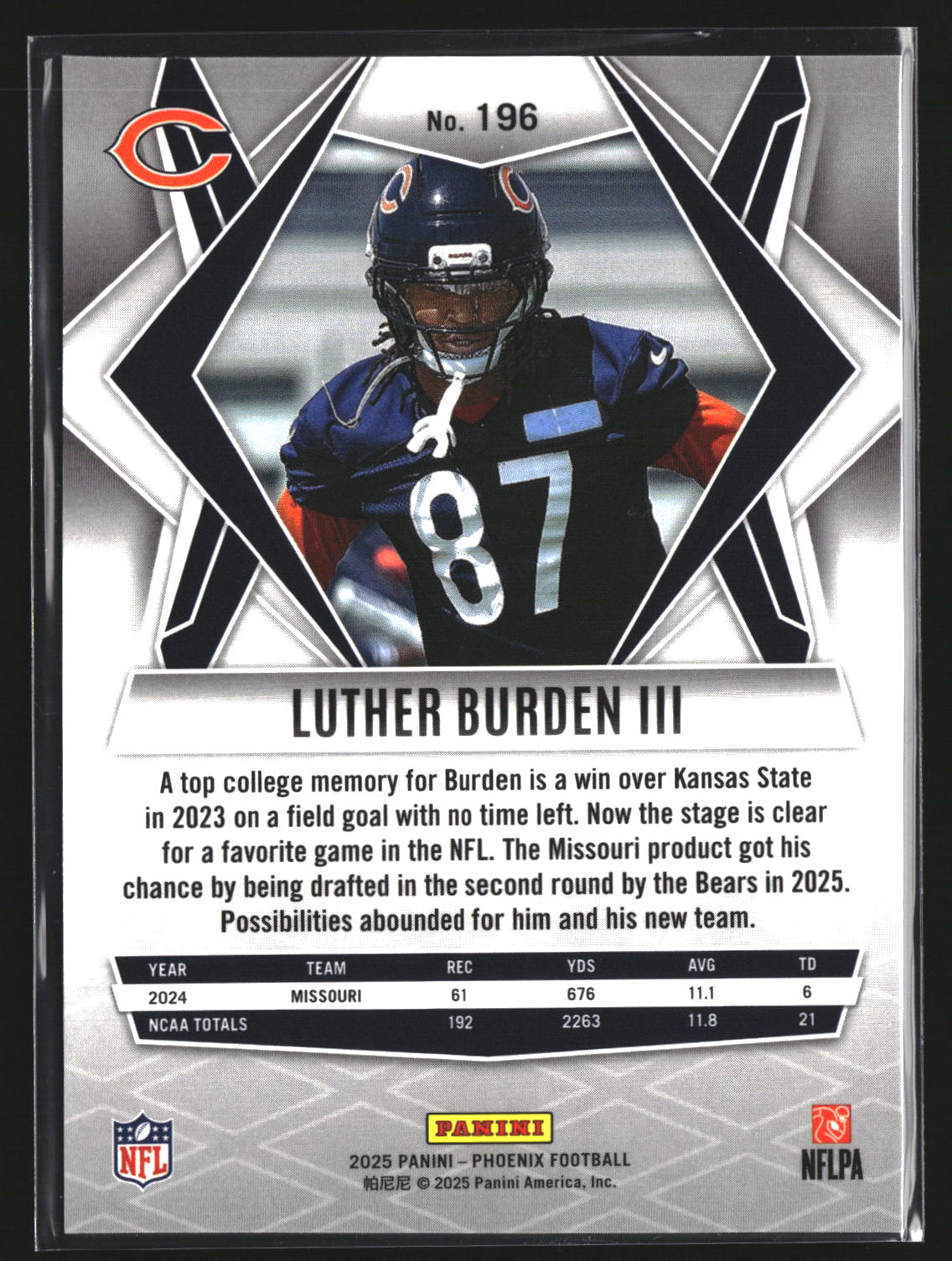 Luther Burden III 2025 Panini Phoenix 196 RC RC Chicago Bears
