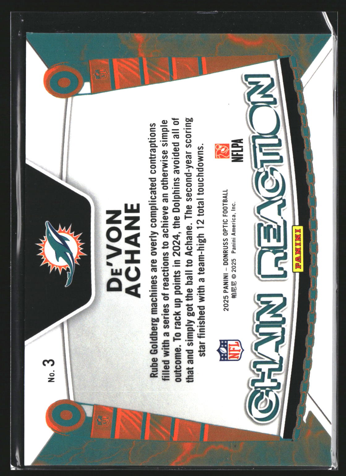 De'Von Achane 2025 Donruss Optic 3 Chain Reaction Miami Dolphins
