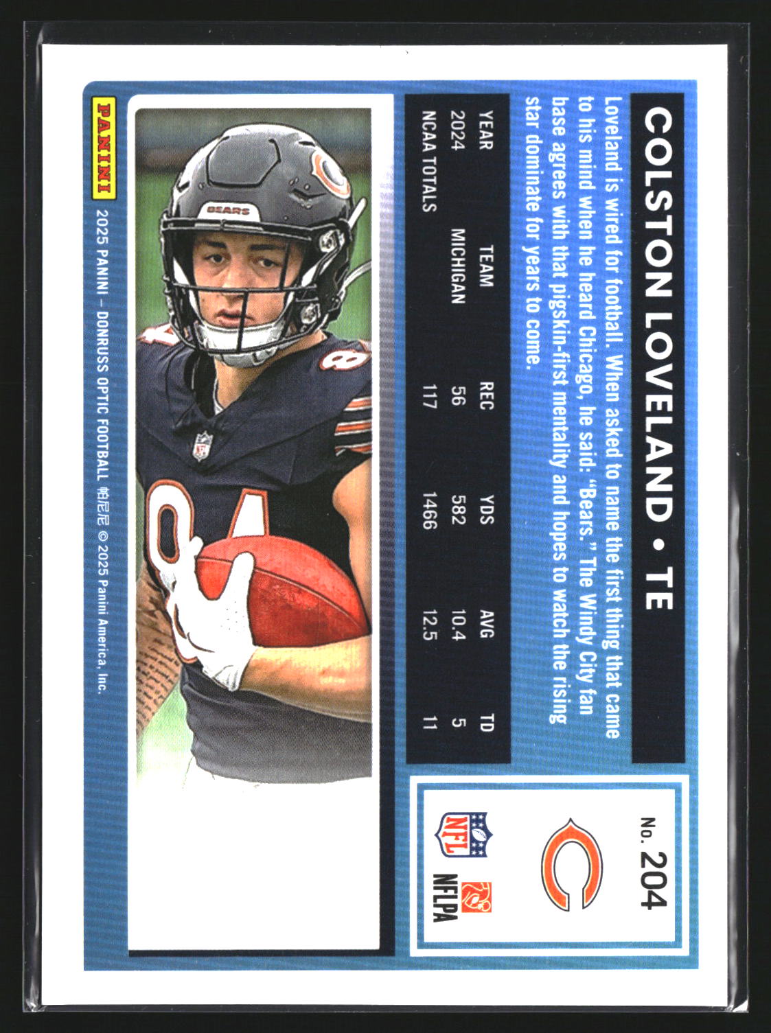 Colston Loveland 2025 Donruss Optic 204 Pink RC RC Chicago Bears