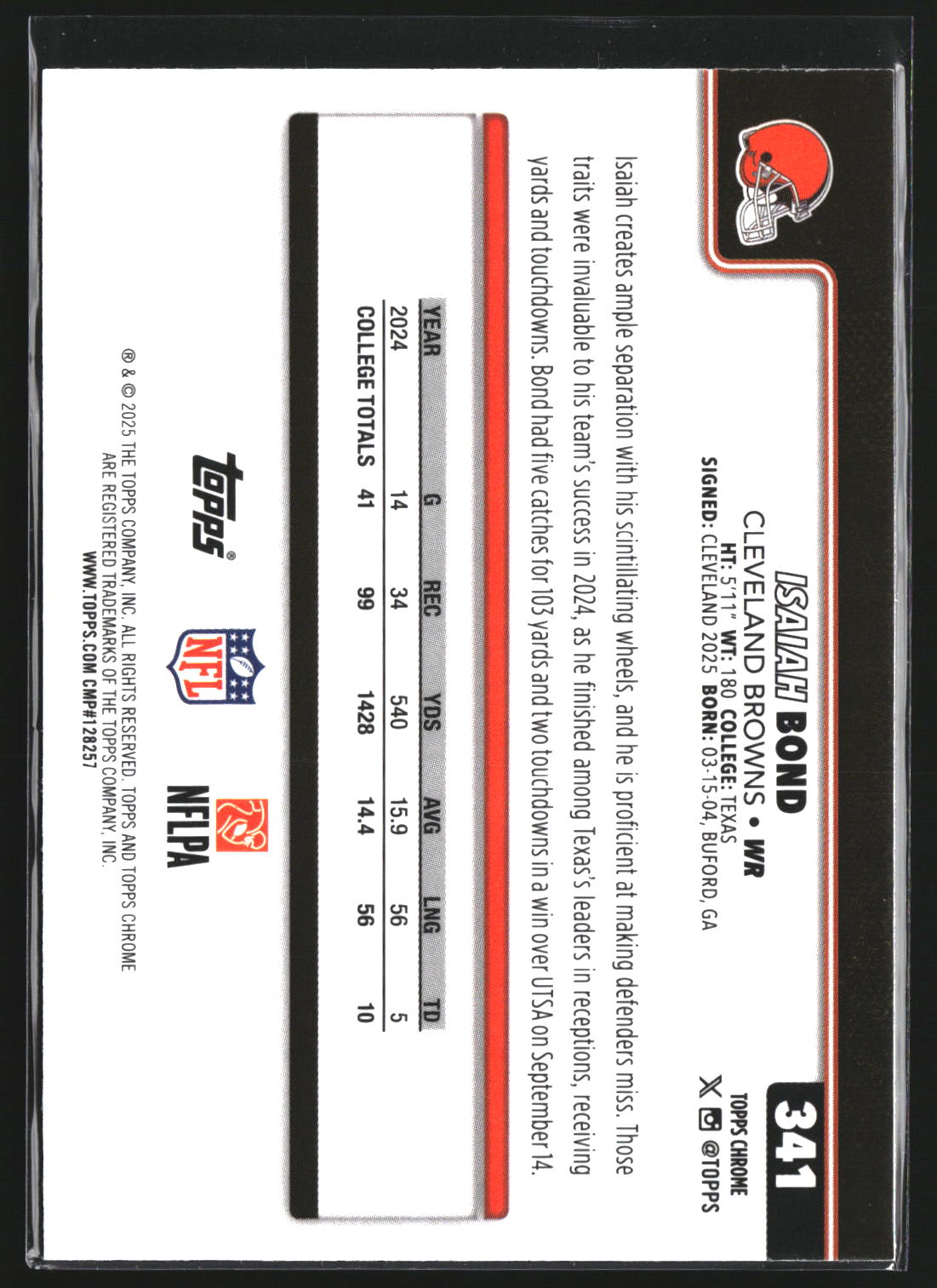 Isaiah Bond 2025 Topps Chrome 341 Pulsar Refractor RC RC Cleveland Browns