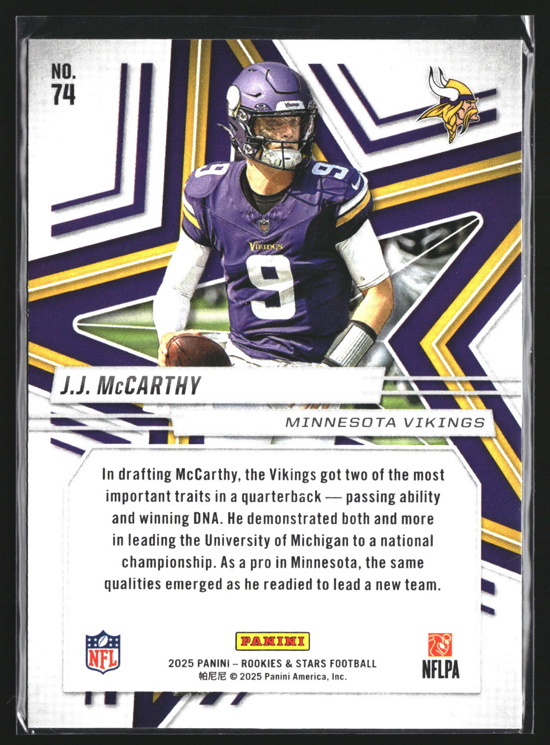 J.J. McCarthy 2025 Panini Rookies & Stars 74 Minnesota Vikings
