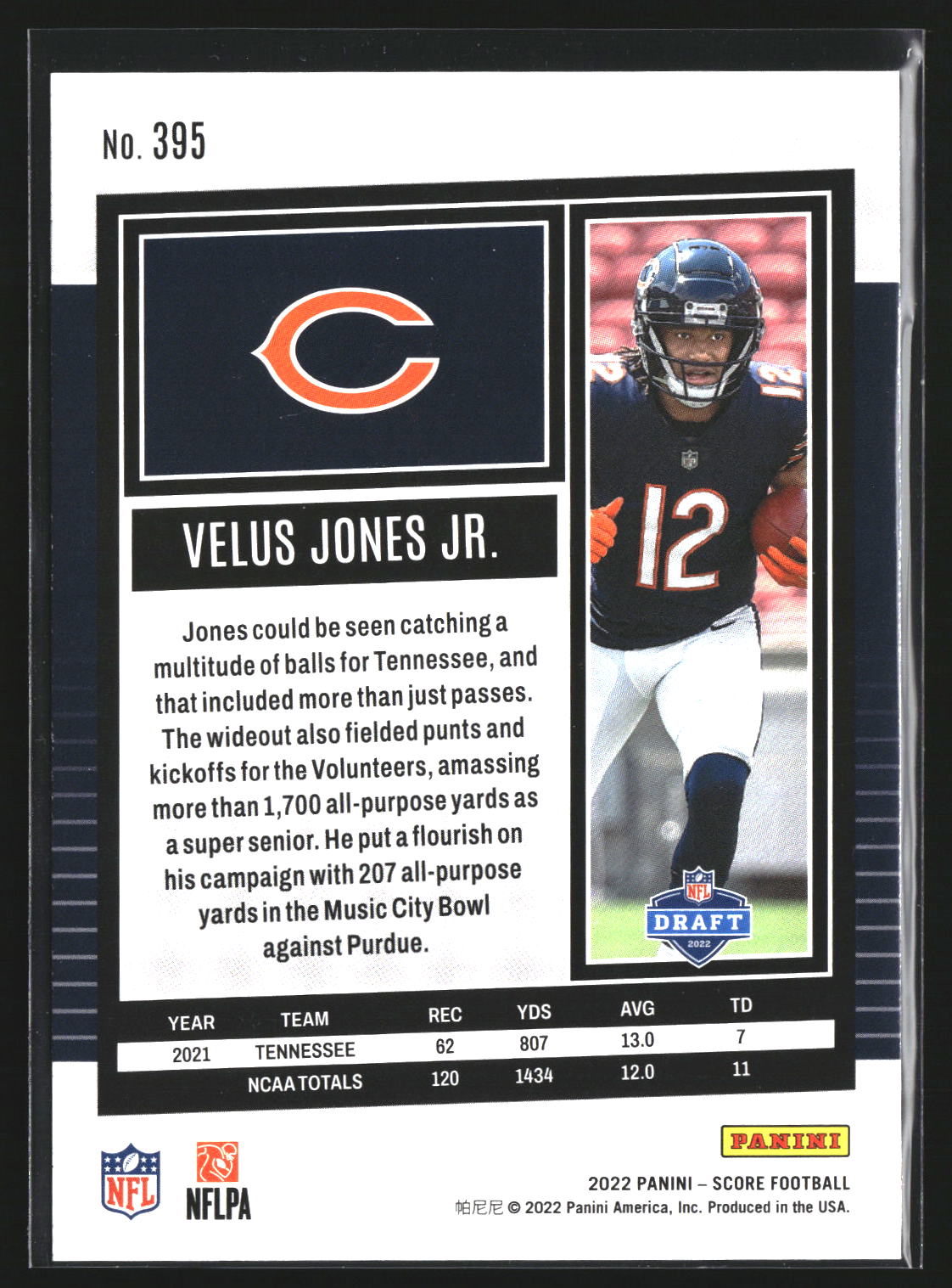 Velus Jones Jr. 2022 Score 395 RC RC Chicago Bears