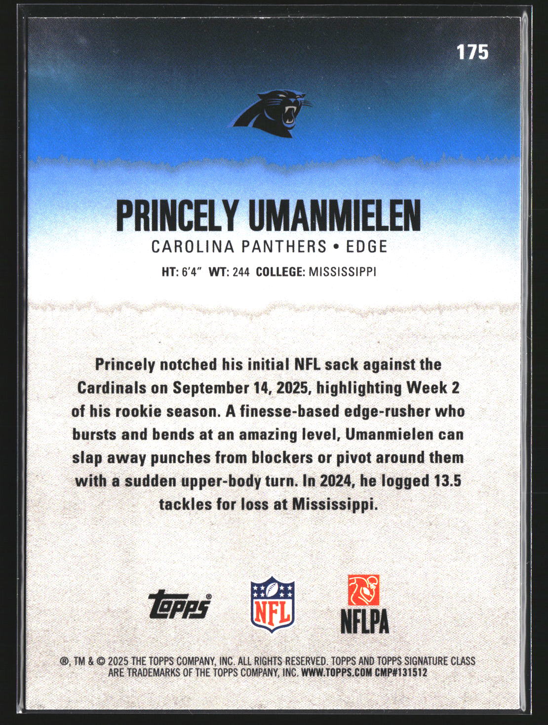 Princely Umanmielen 2025 Topps Signature Class 175 Blue & Yellow RC Panthers