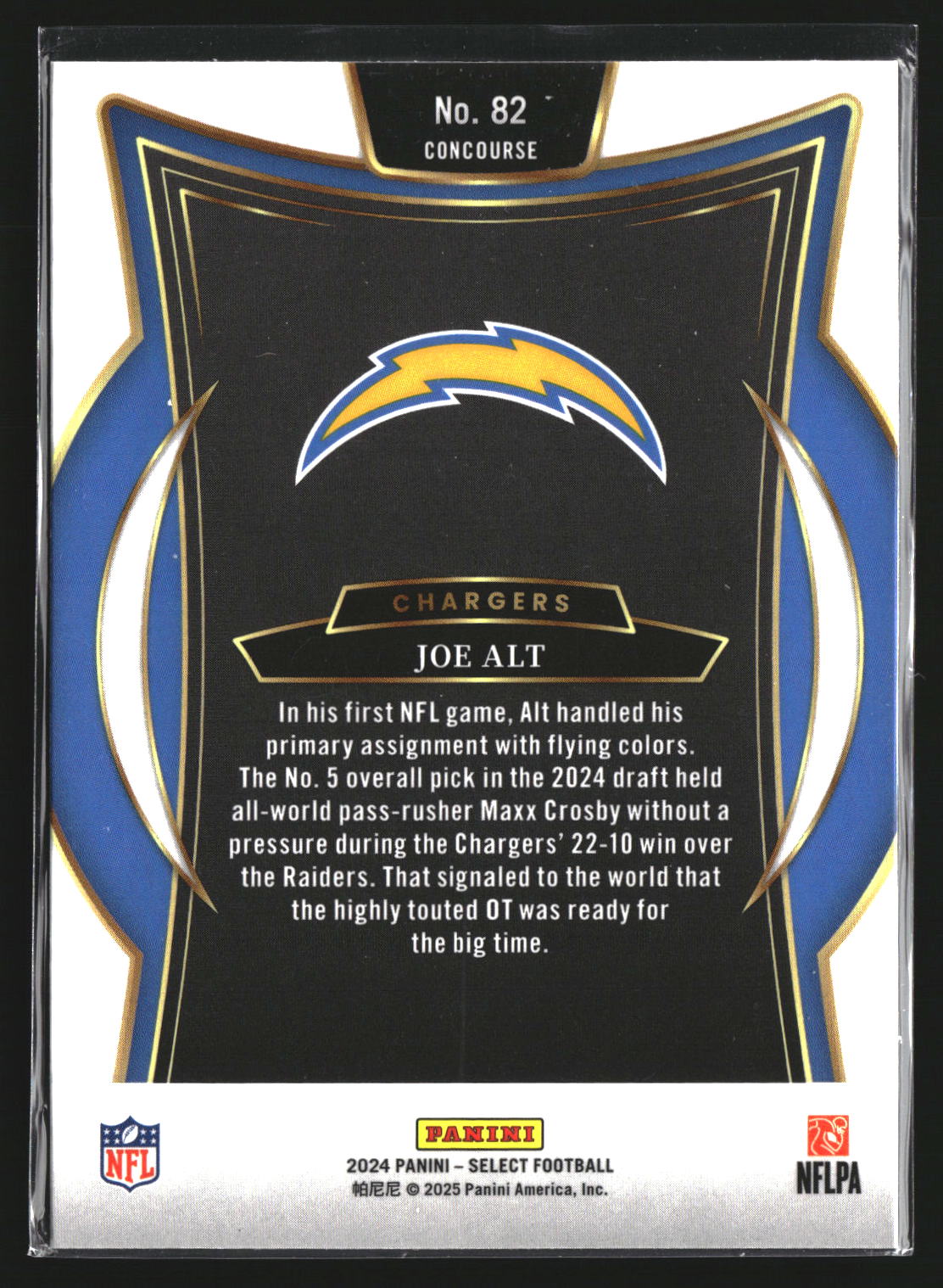 Joe Alt 2024 Panini Select 82 RC RC Los Angeles Chargers