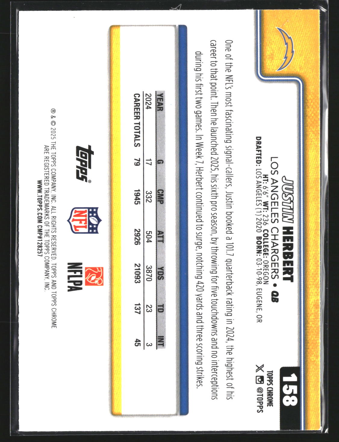 Justin Herbert 2025 Topps Chrome 158 Los Angeles Chargers