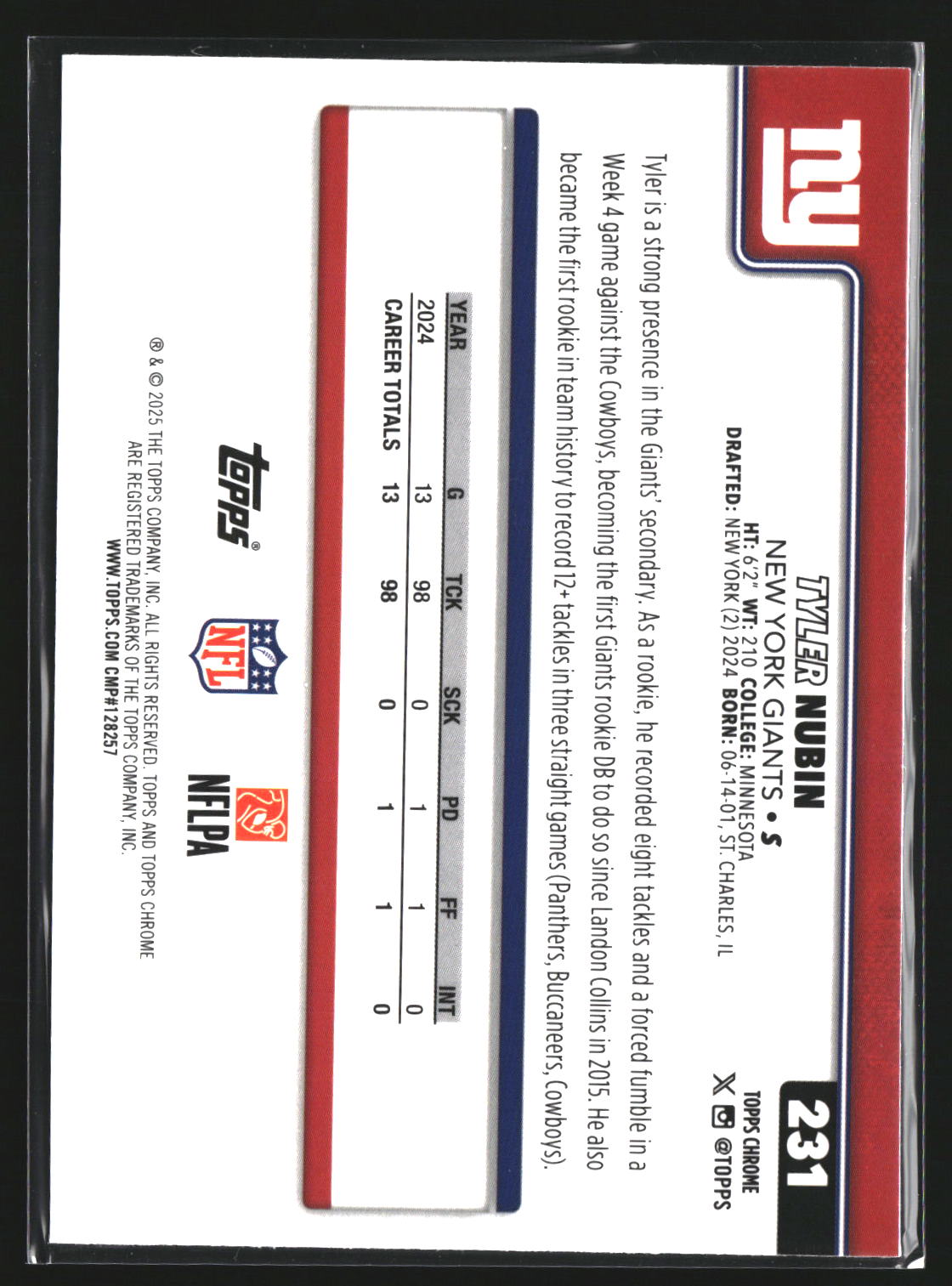 Tyler Nubin 2025 Topps Chrome 231 Hot Pink X-Fractor New York Giants