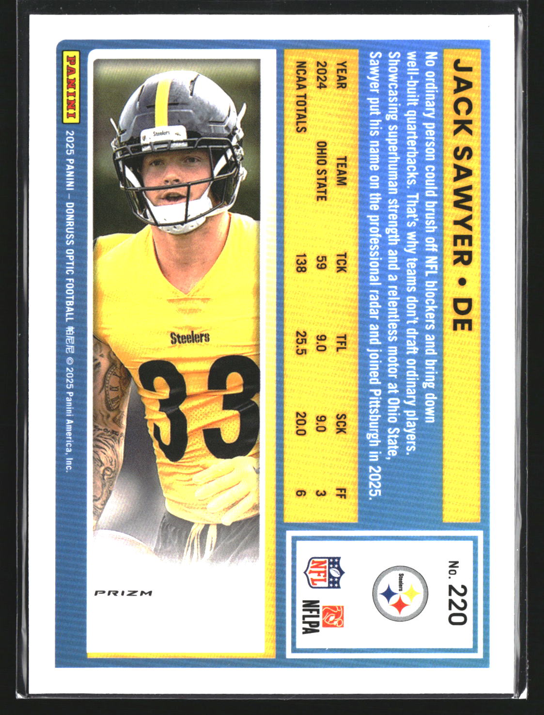 Jack Sawyer 2025 Donruss Optic 220 Pink RC RC Pittsburgh Steelers