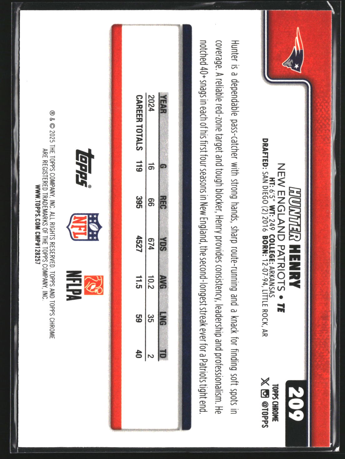 Hunter Henry 2025 Topps Chrome 209 Hot Pink X-Fractor New England Patriots