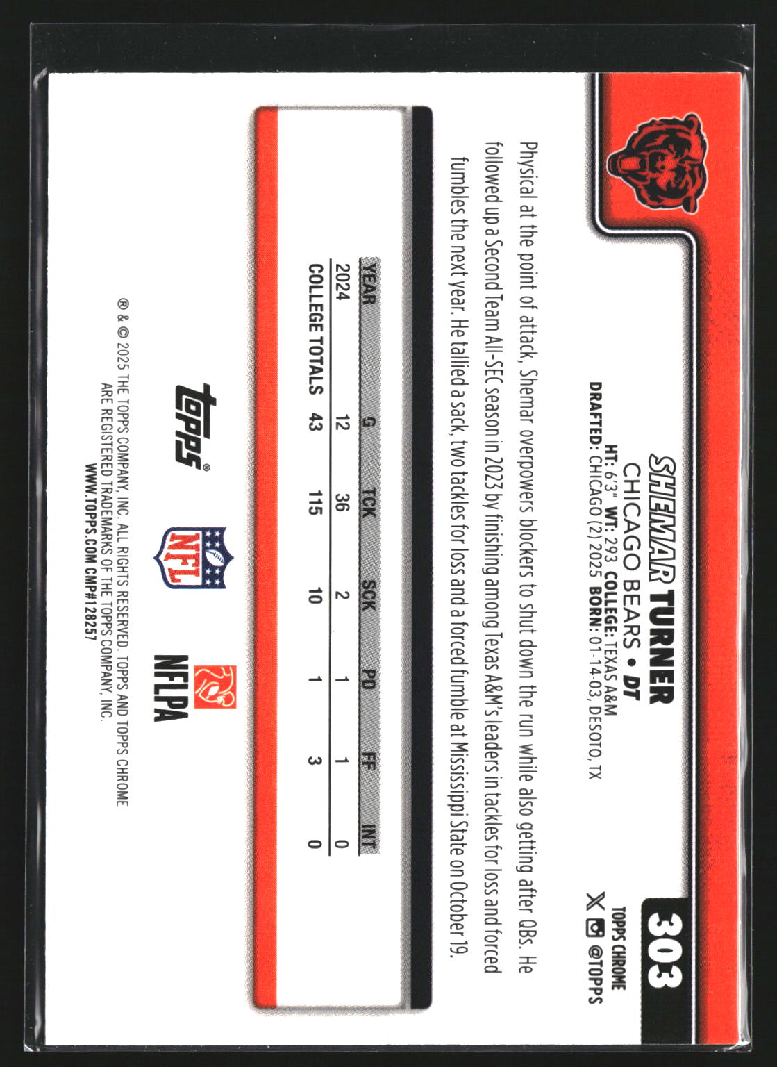 Shemar Turner 2025 Topps Chrome 303 RC RC Chicago Bears
