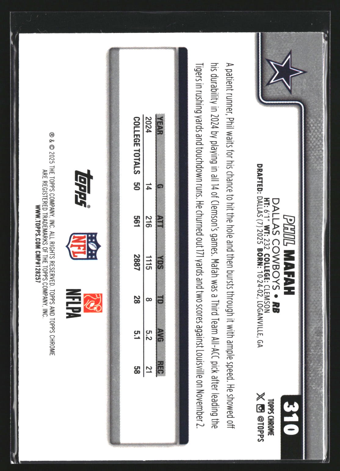 Phil Mafah 2025 Topps Chrome 310 RC RC Dallas Cowboys