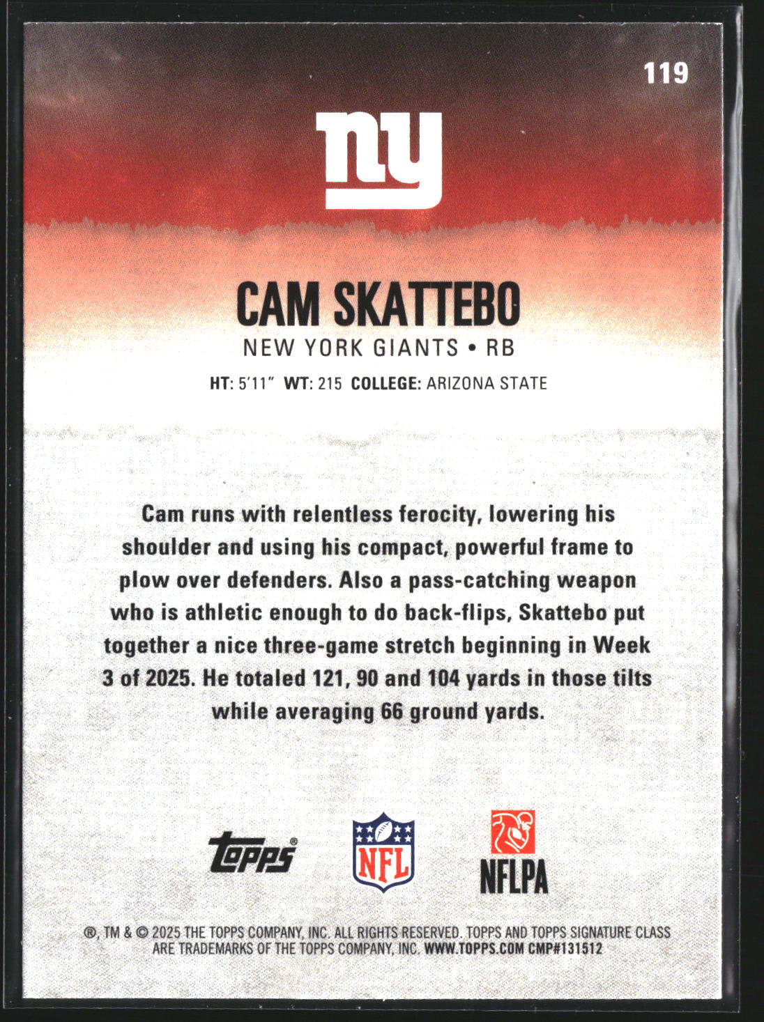 Cam Skattebo 2025 Topps Signature Class 119 RC RC New York Giants