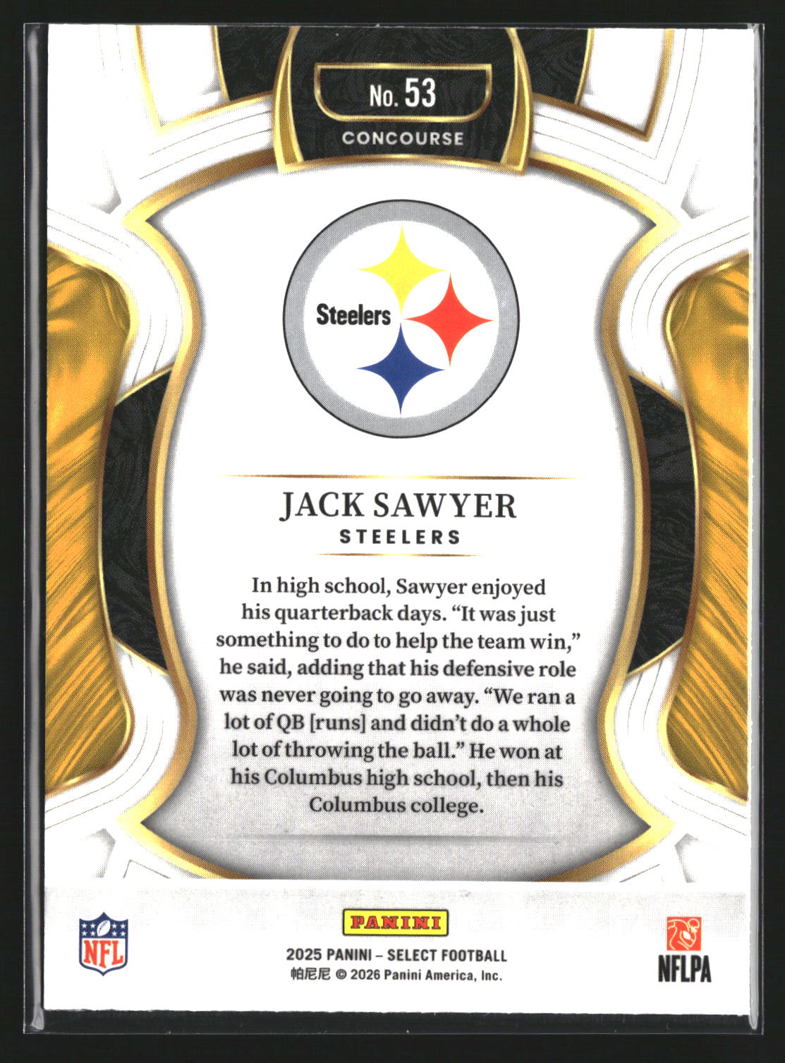 Jack Sawyer 2025 Panini Select 53 RC RC Pittsburgh Steelers