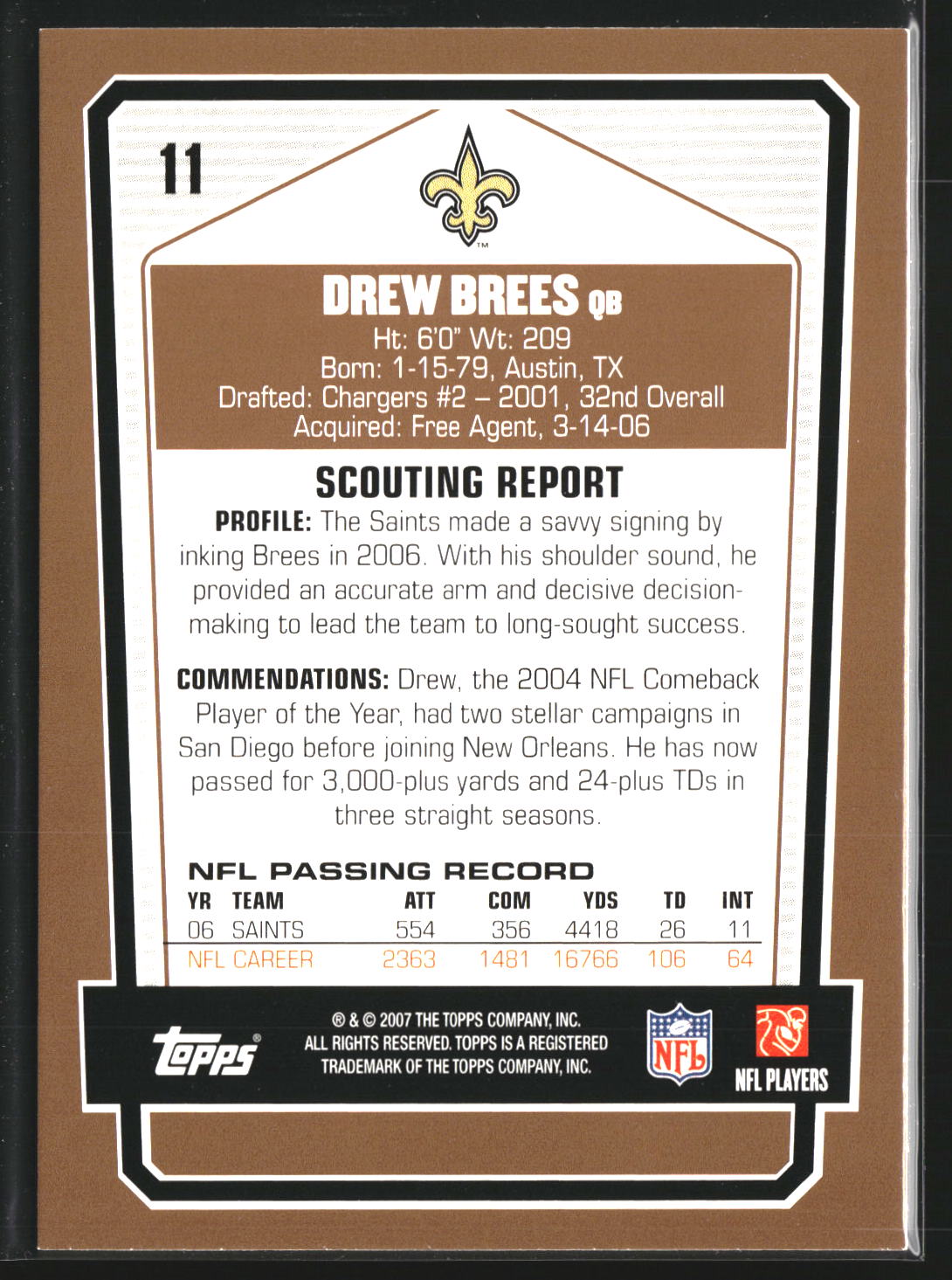 Drew Brees 2007 Topps Draft Picks & Prospects 11 New Orleans Saints