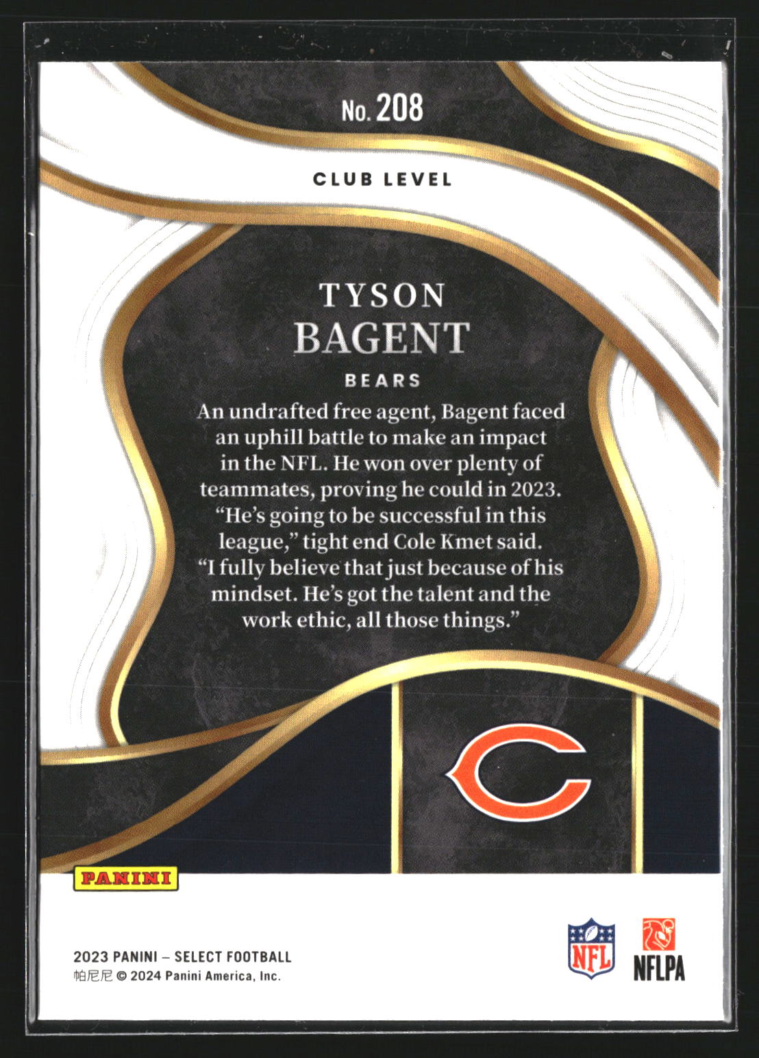 Tyson Bagent 2023 Panini Select 208 RC RC Chicago Bears