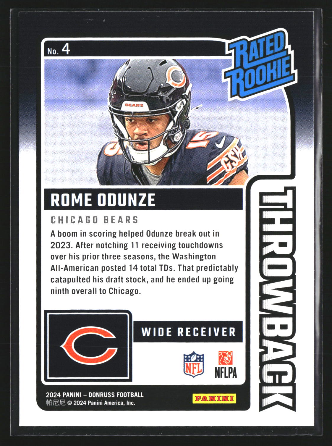 Rome Odunze 2024 Donruss 4 Rated Rookies Throwback Chicago Bears