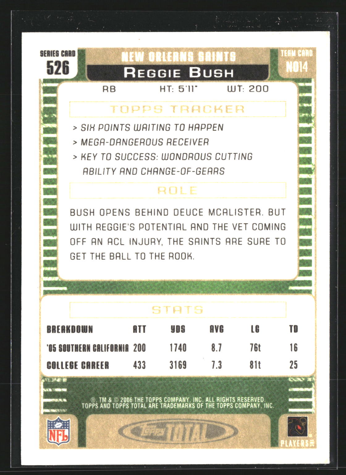 Reggie Bush 2006 Topps Total 526 RC RC New Orleans Saints