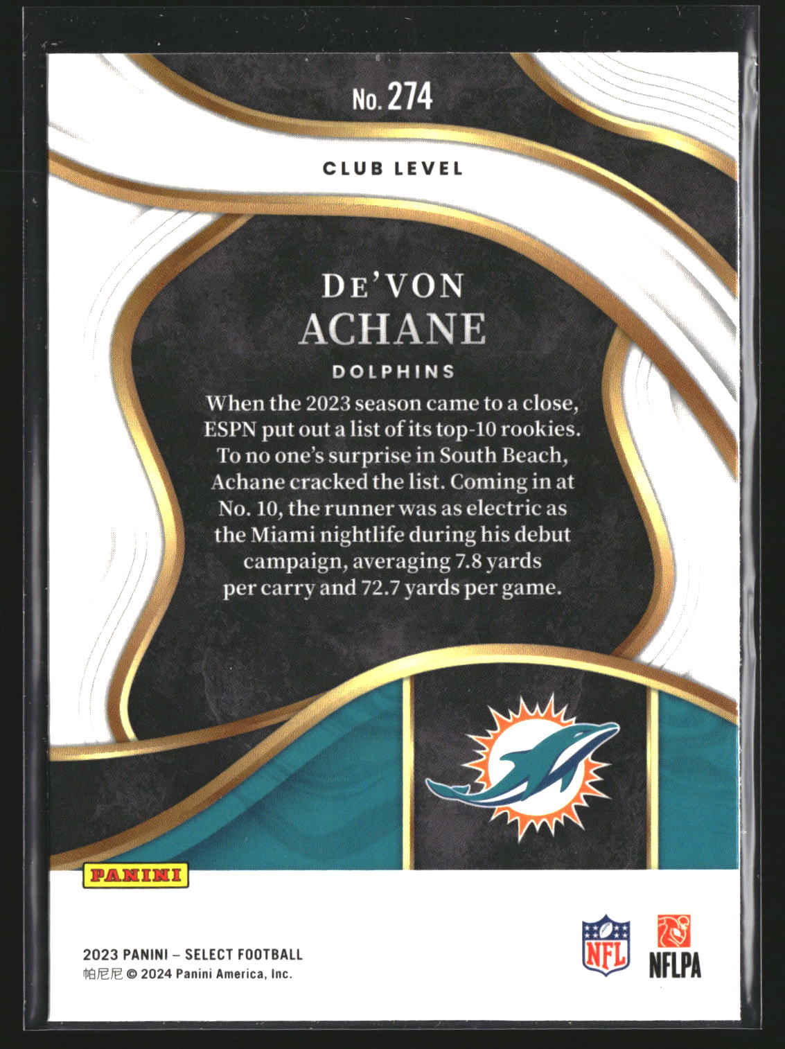 De'Von Achane 2023 Panini Select 274 Miami Dolphins