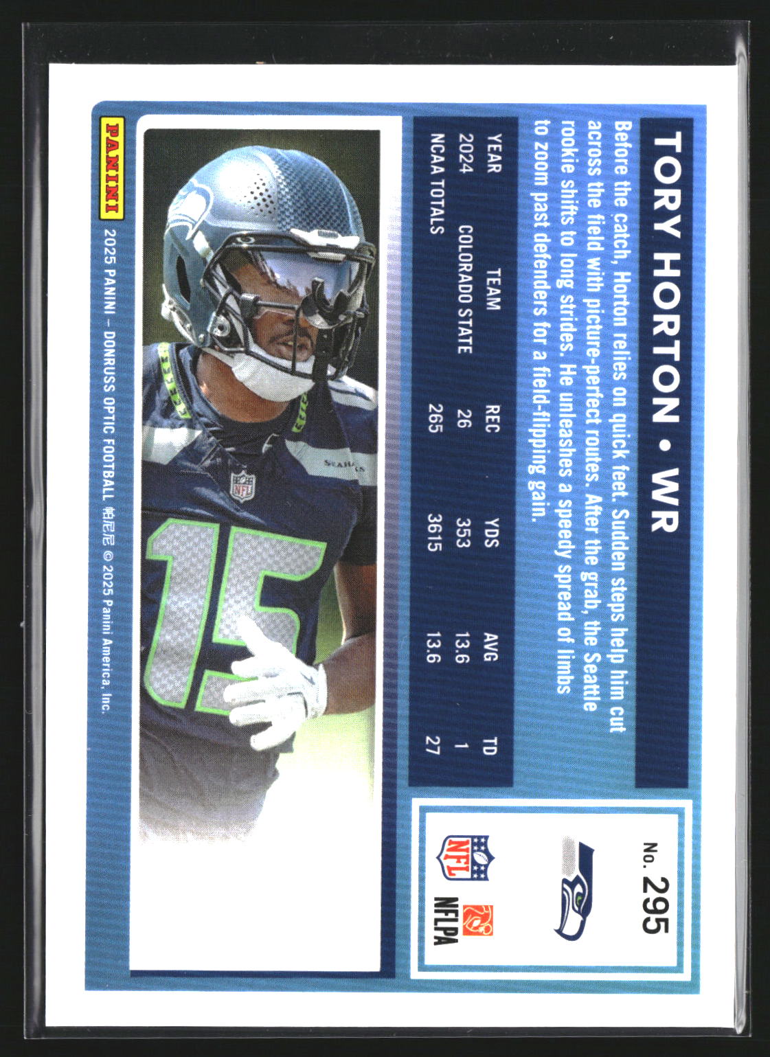 Tory Horton 2025 Donruss Optic 295 RC RC Seattle Seahawks