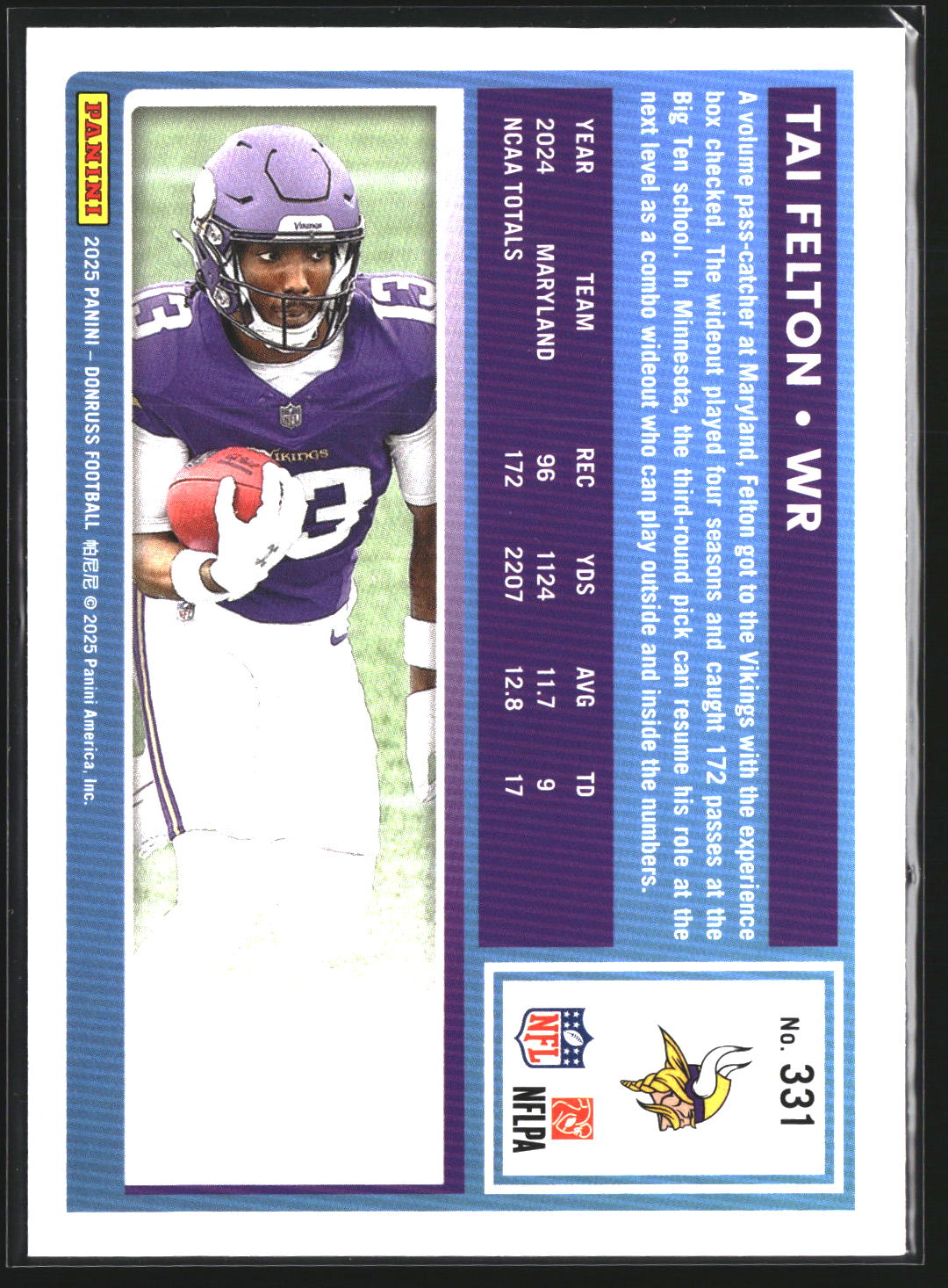 Tai Felton 2025 Donruss 331 RC RC Minnesota Vikings
