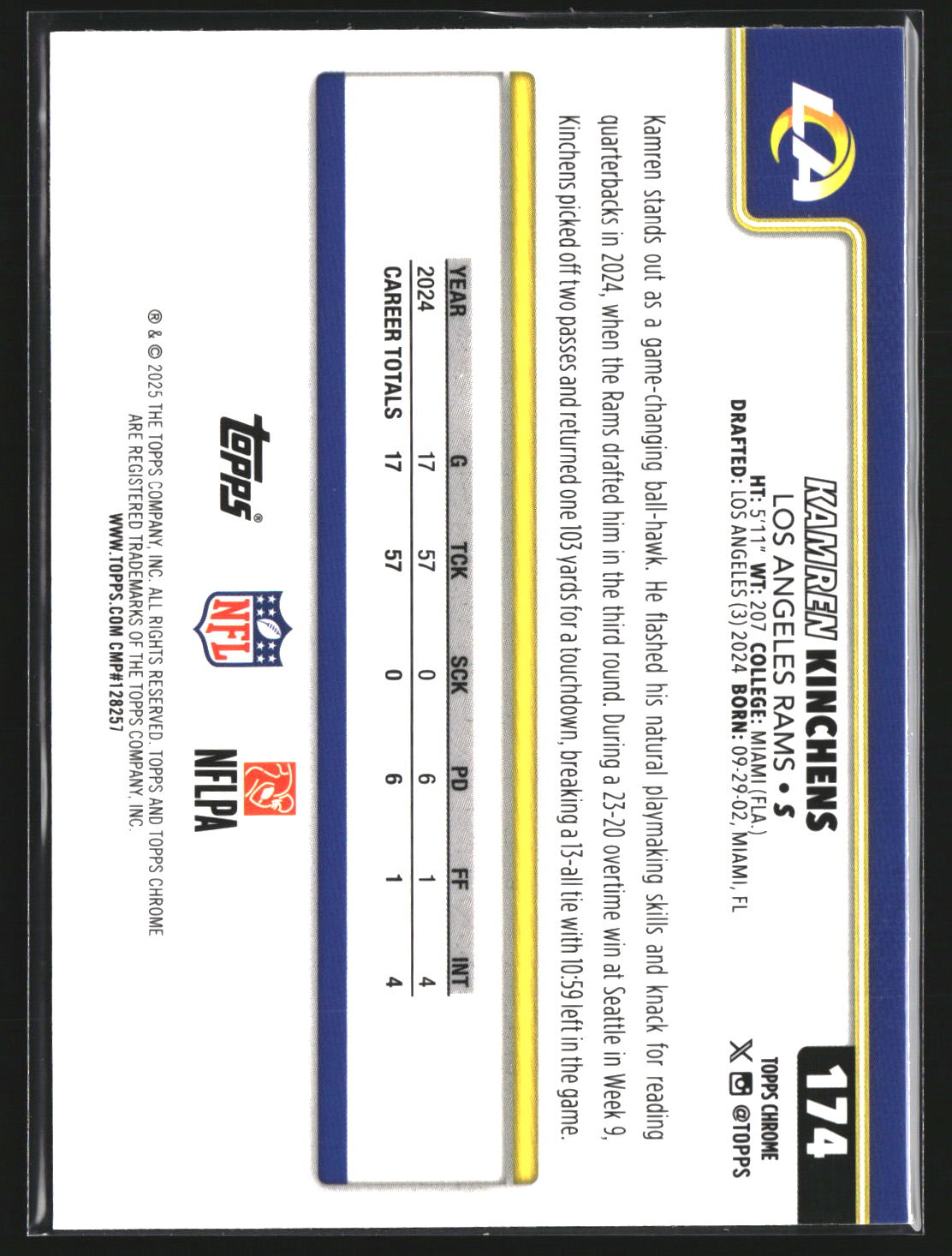 Kamren Kinchens 2025 Topps Chrome 174 Pink X-Fractor Los Angeles Rams
