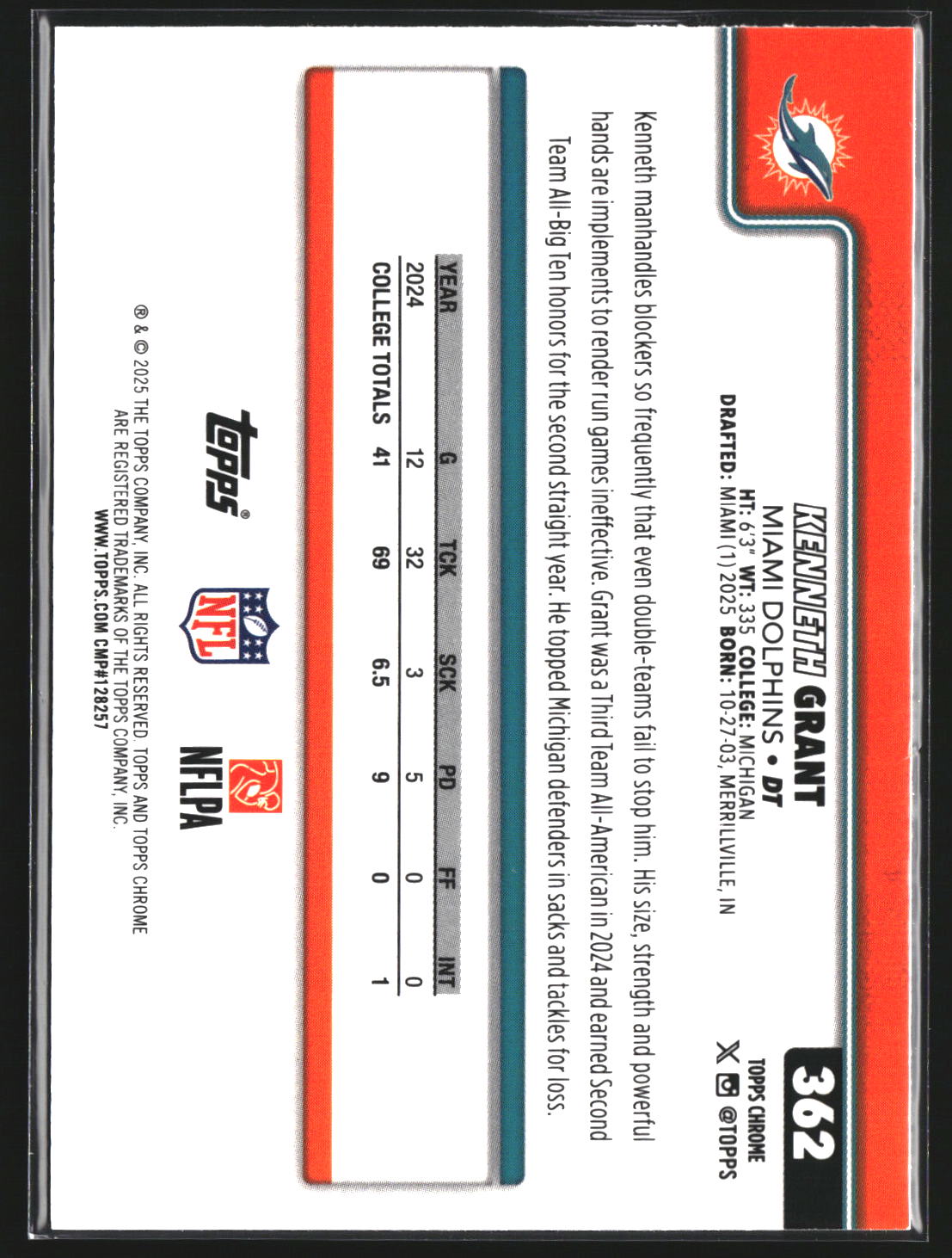 Kenneth Grant 2025 Topps Chrome 362 RC RC Miami Dolphins