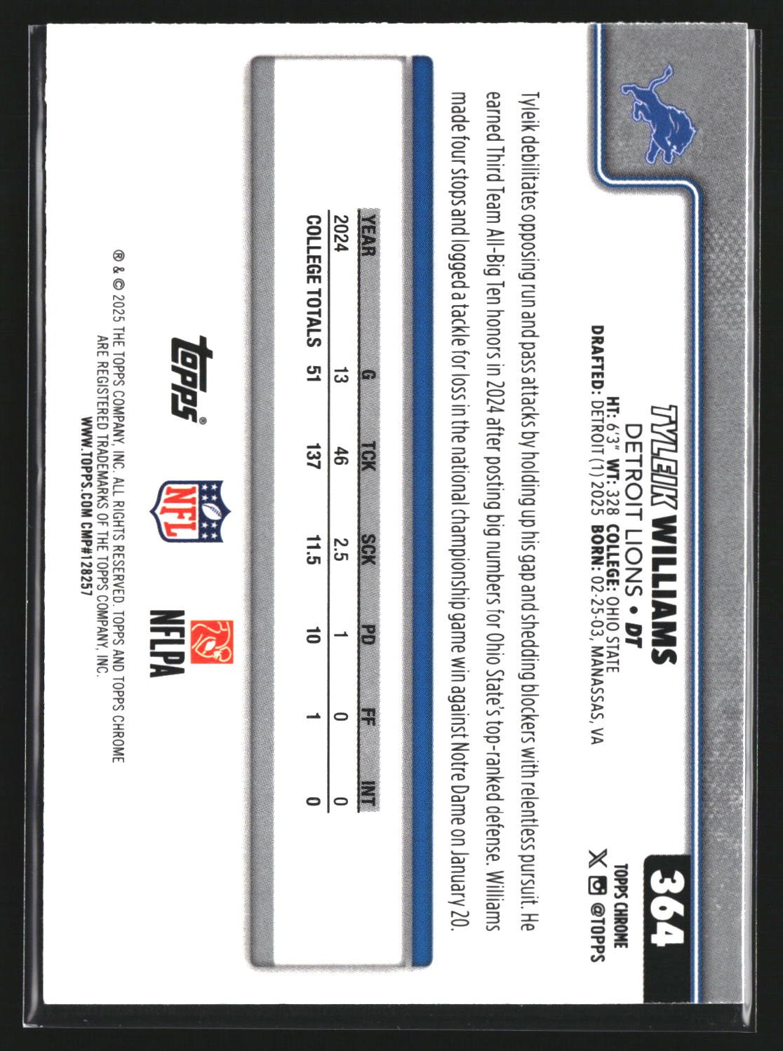 Tyleik Williams 2025 Topps Chrome 364 RC RC Detroit Lions