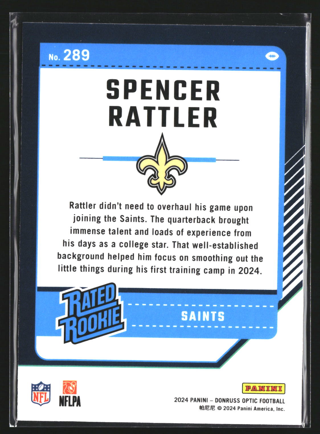 Spencer Rattler 2024 Donruss Optic 289 RC RC New Orleans Saints
