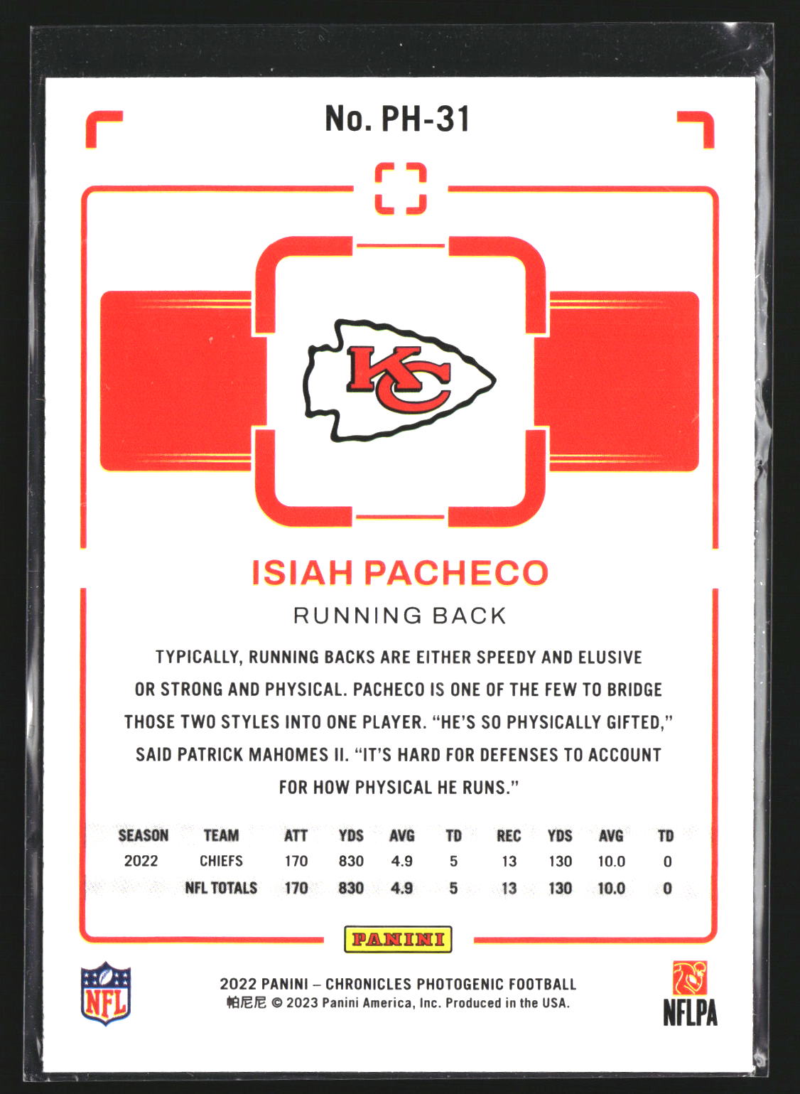 Isiah Pacheco 2022 Panini Chronicles PH-31 Photogenic Kansas City Chiefs