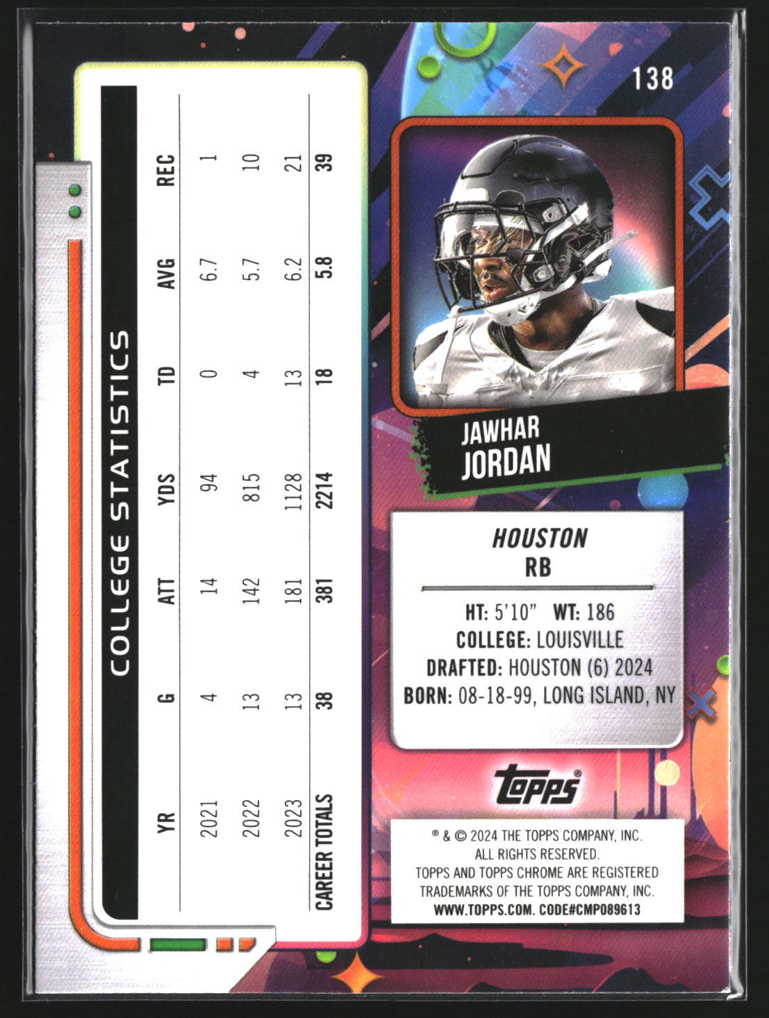 Jawhar Jordan 2024 Topps Chrome Cosmic 138 RC RC Houston Texans