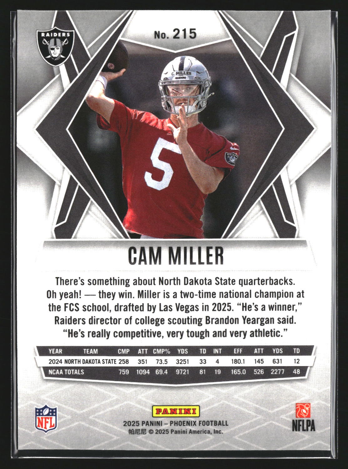 Cam Miller 2025 Panini Phoenix 215 RC RC Las Vegas Raiders