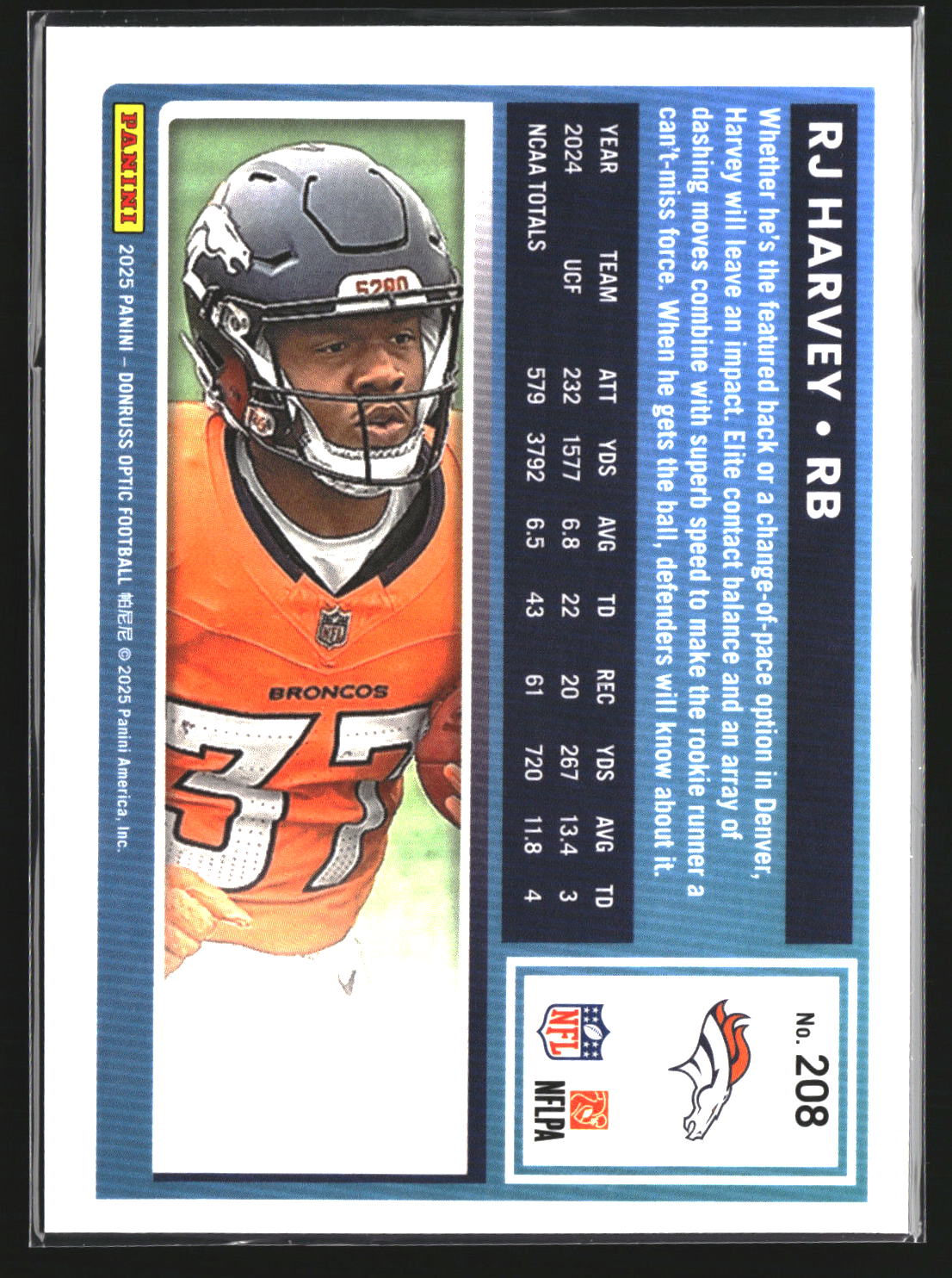 RJ Harvey 2025 Donruss Optic 208 RC RC Denver Broncos