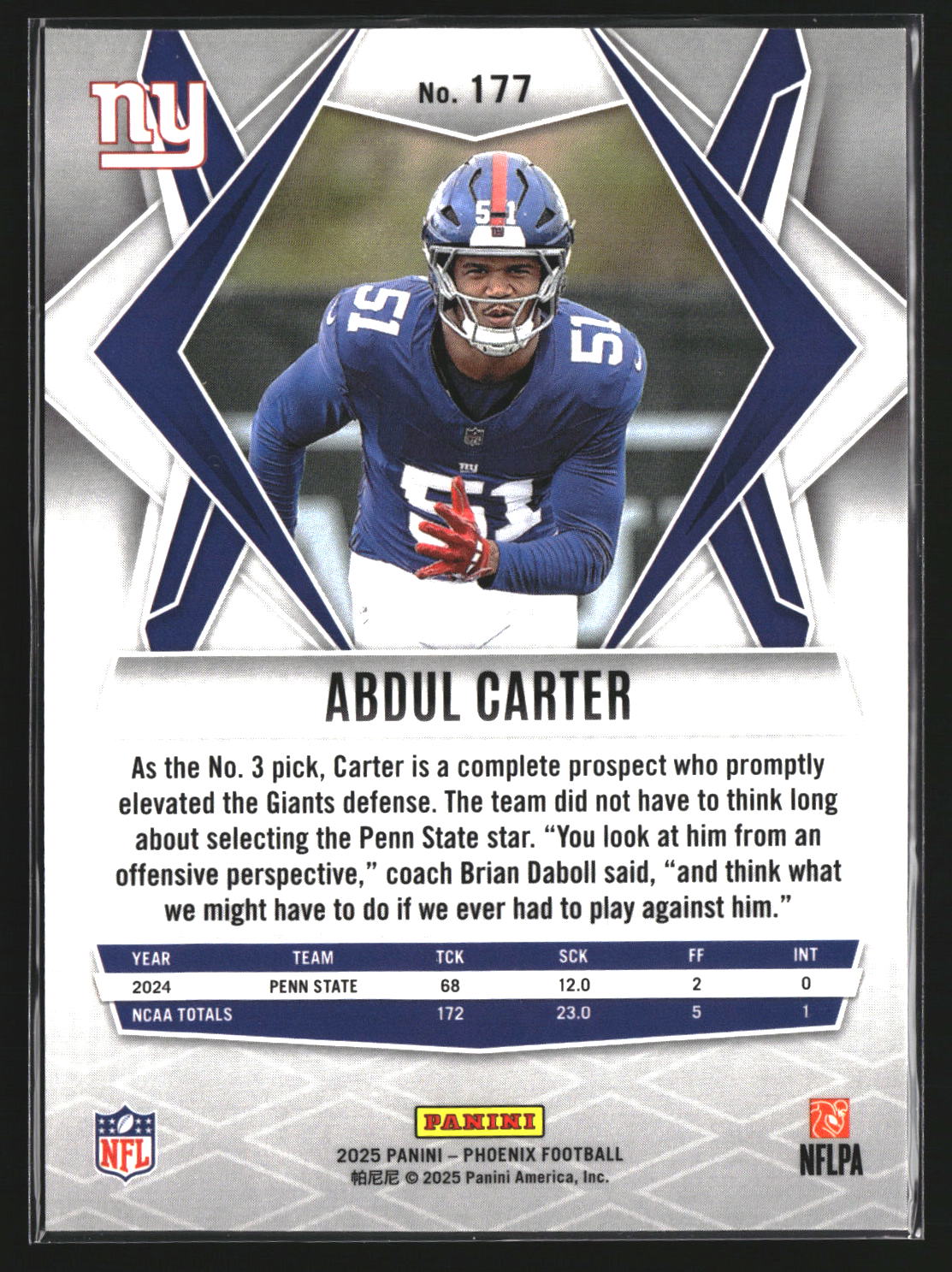 Abdul Carter 2025 Panini Phoenix 177 RC RC New York Giants