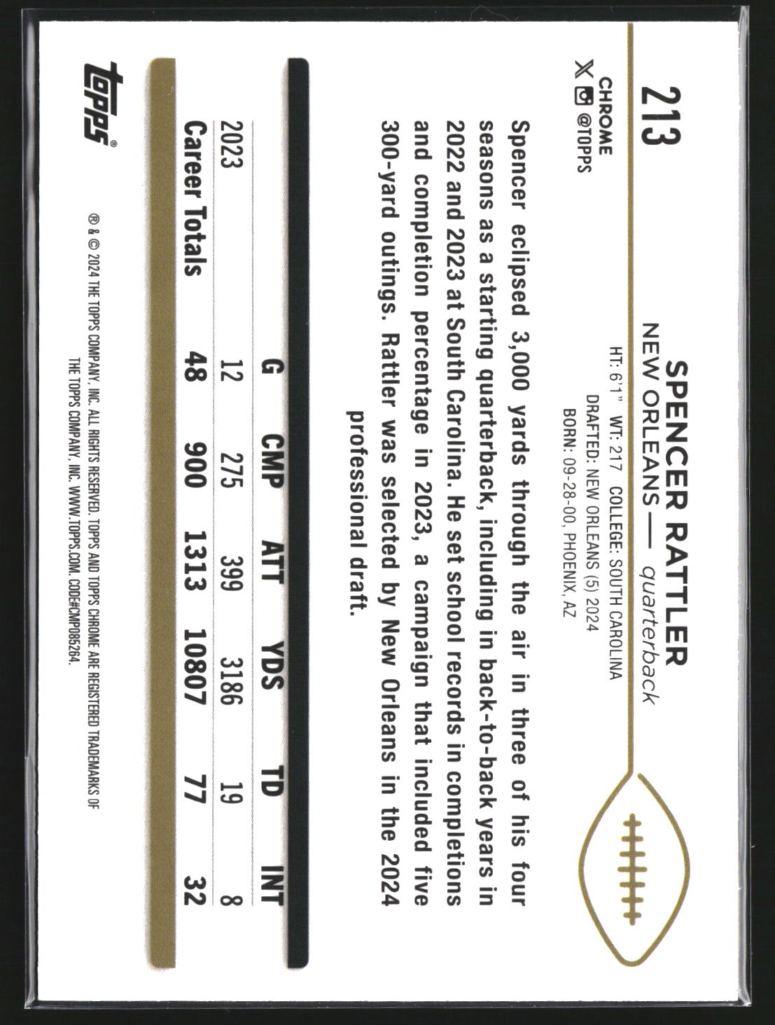 Spencer Rattler 2024 Topps Chrome 213 RC RC New Orleans Saints