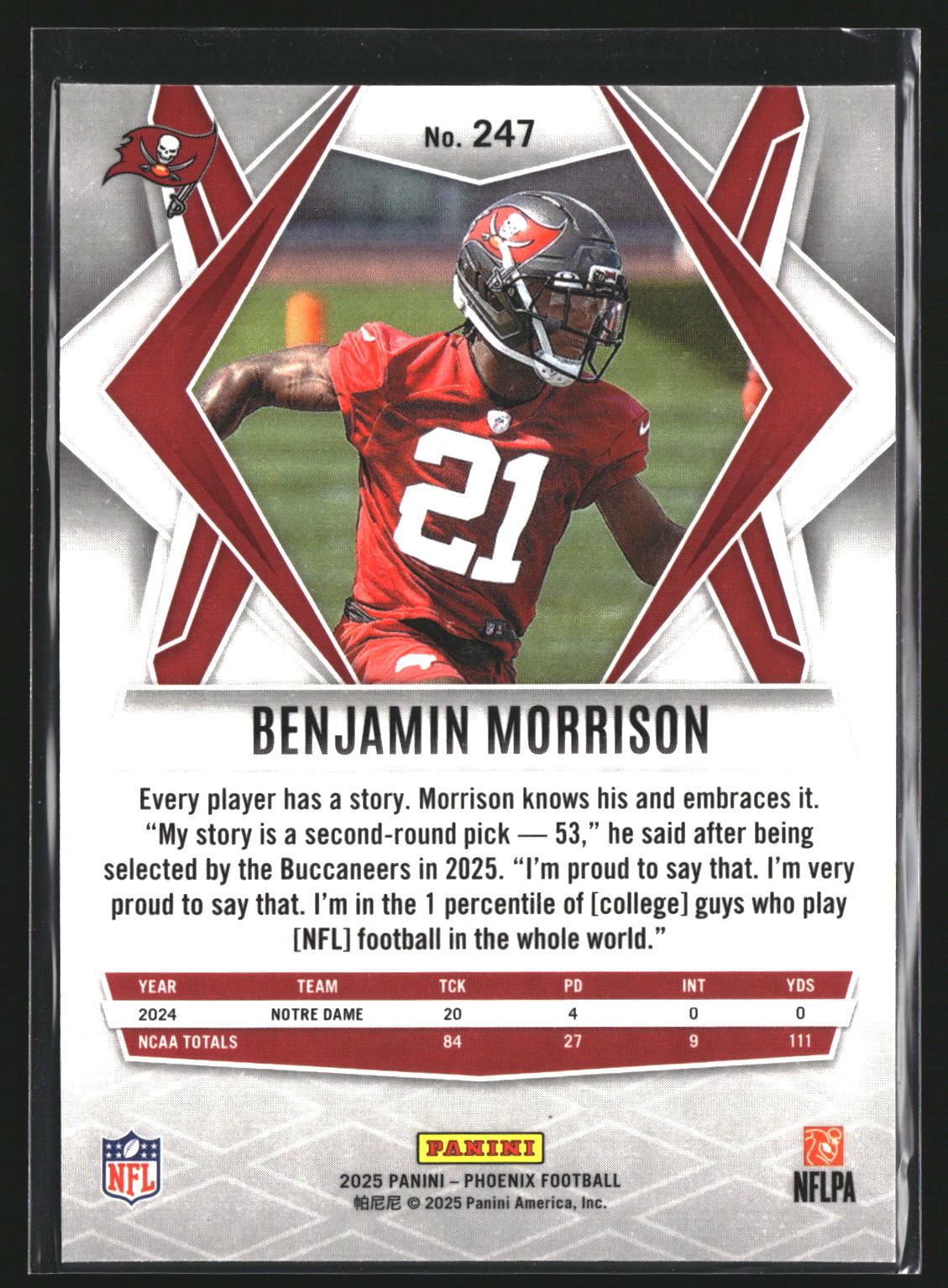 Benjamin Morrison 2025 Panini Phoenix 247 RC RC Tampa Bay Buccaneers