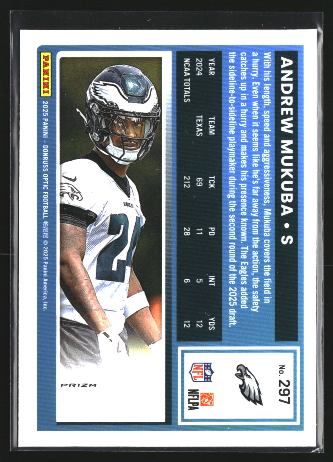 Andrew Mukuba 2025 Donruss Optic 297 Blue Glitter RC RC Philadelphia Eagles