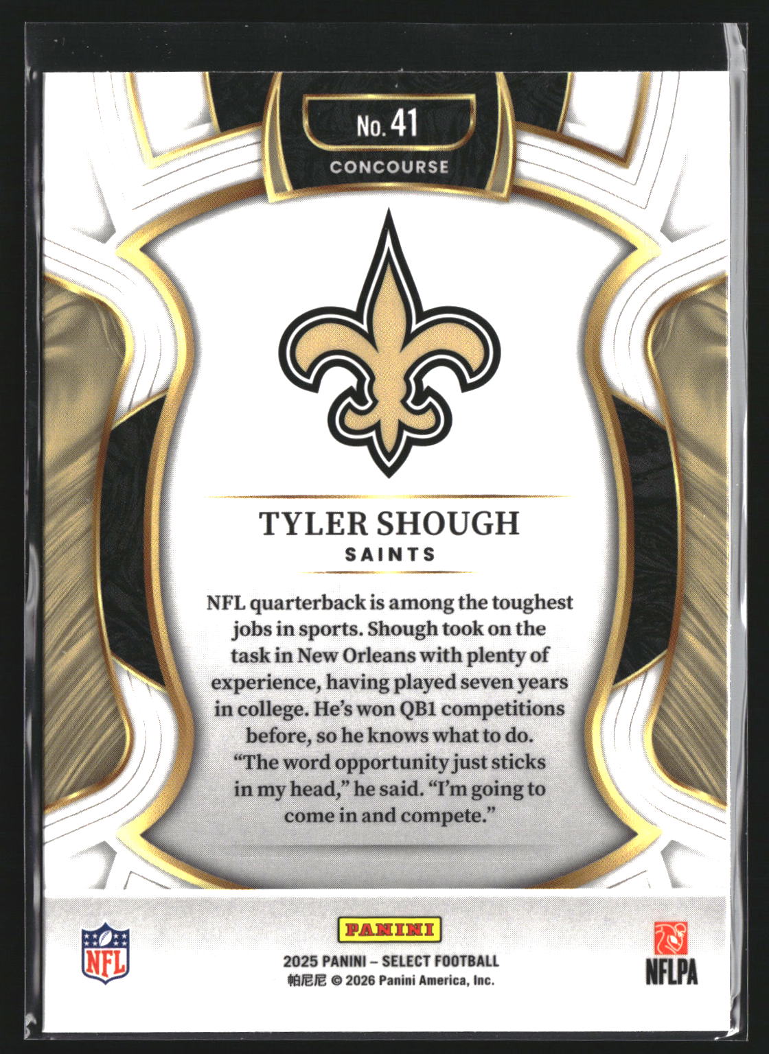Tyler Shough 2025 Panini Select 41 RC RC New Orleans Saints