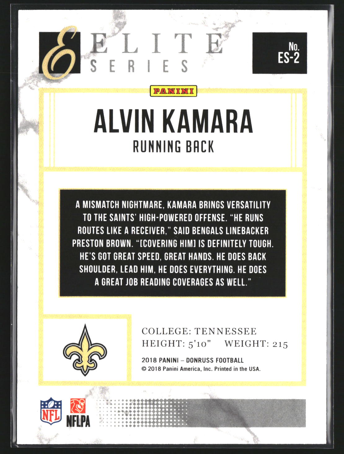 Alvin Kamara 2018 Donruss ES-2 The Elite Series New Orleans Saints