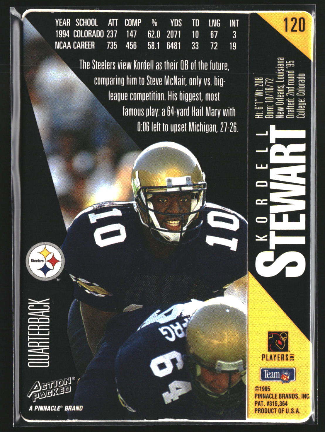 Kordell Stewart 1995 Action Packed 120 RC RC Pittsburgh Steelers