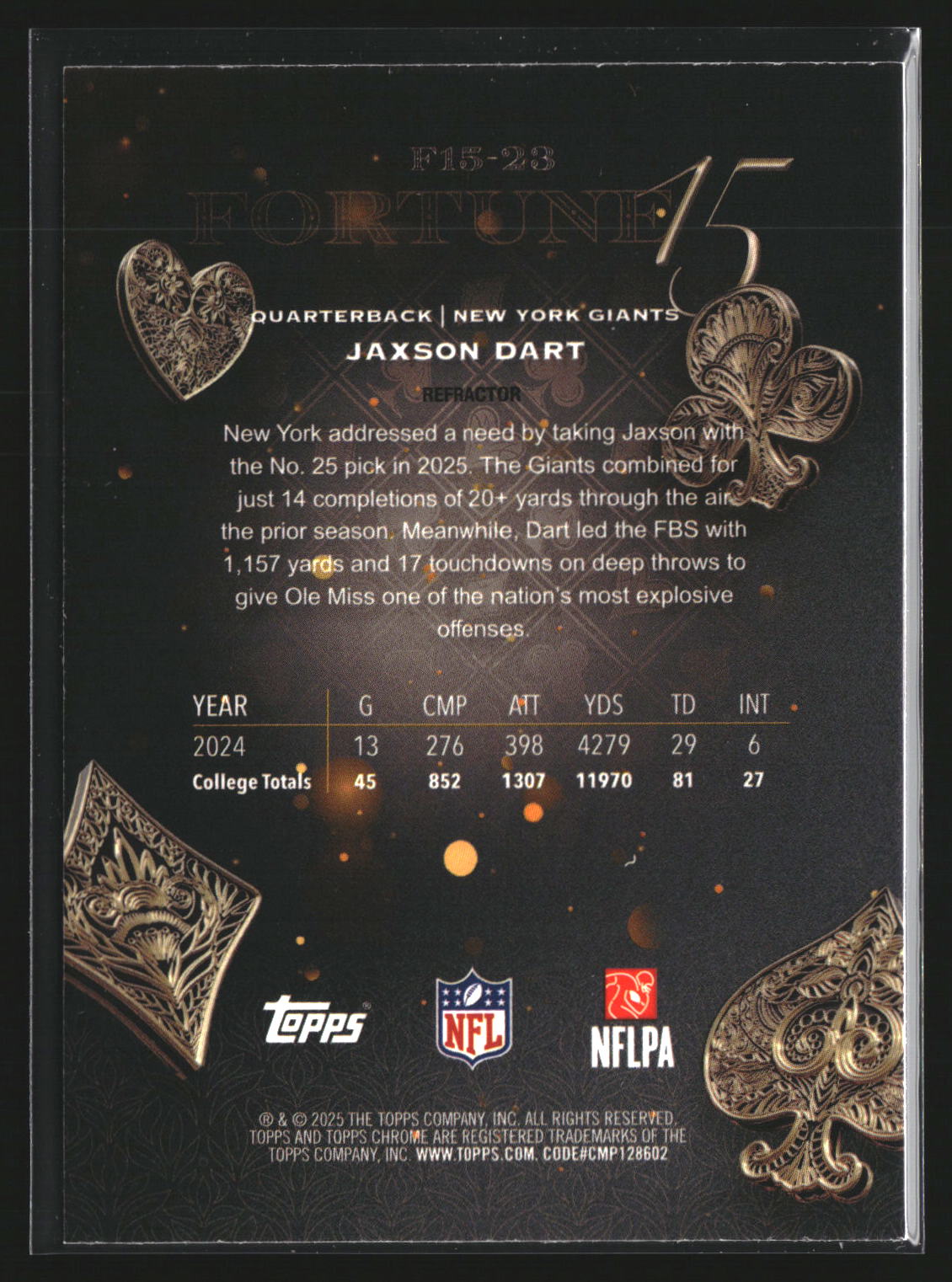 Jaxson Dart 2025 Topps Chrome F15-23 Fortune 15 Refractor New York Giants