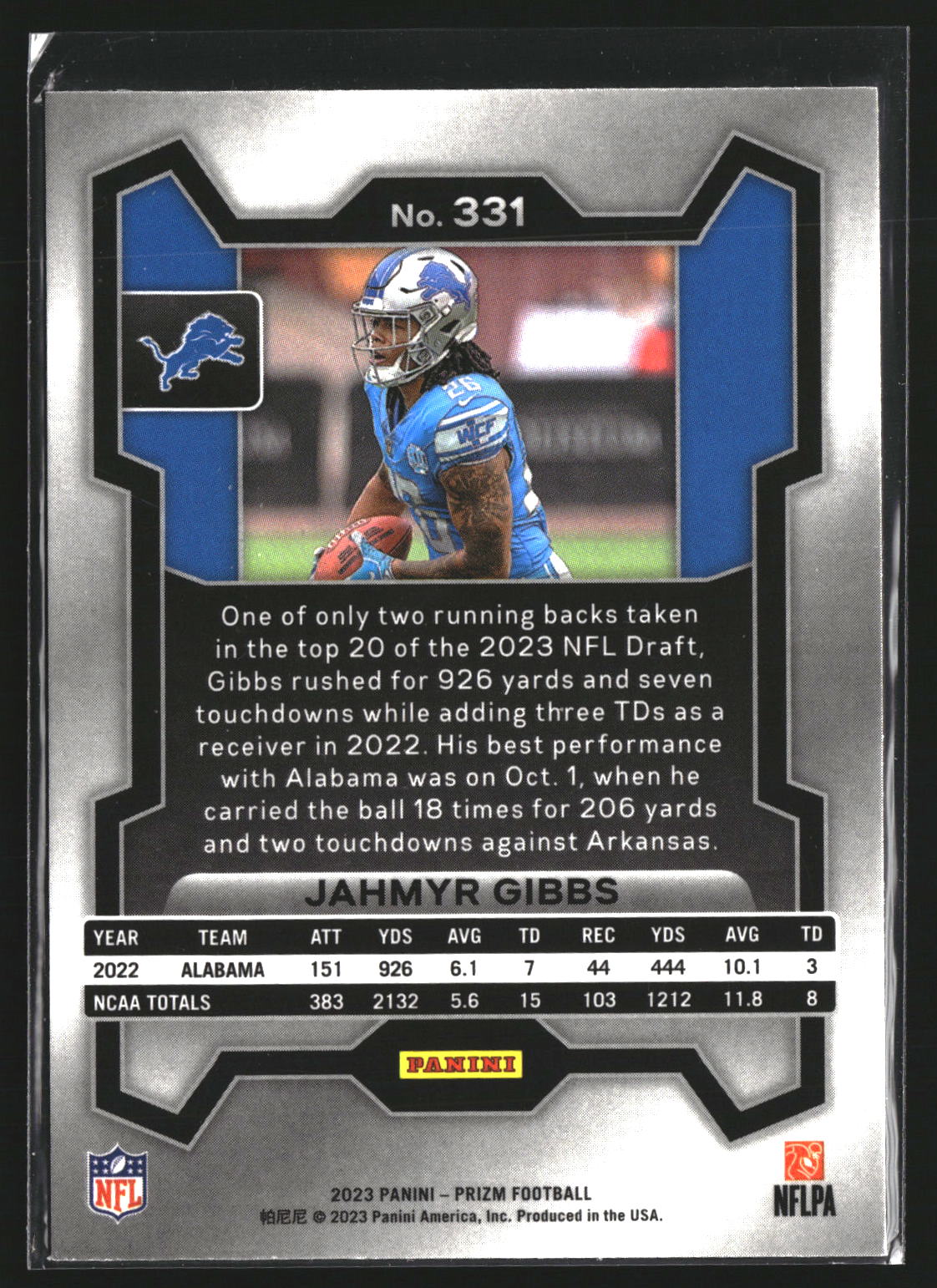 Jahmyr Gibbs 2023 Panini Prizm 331 RC RC Detroit Lions