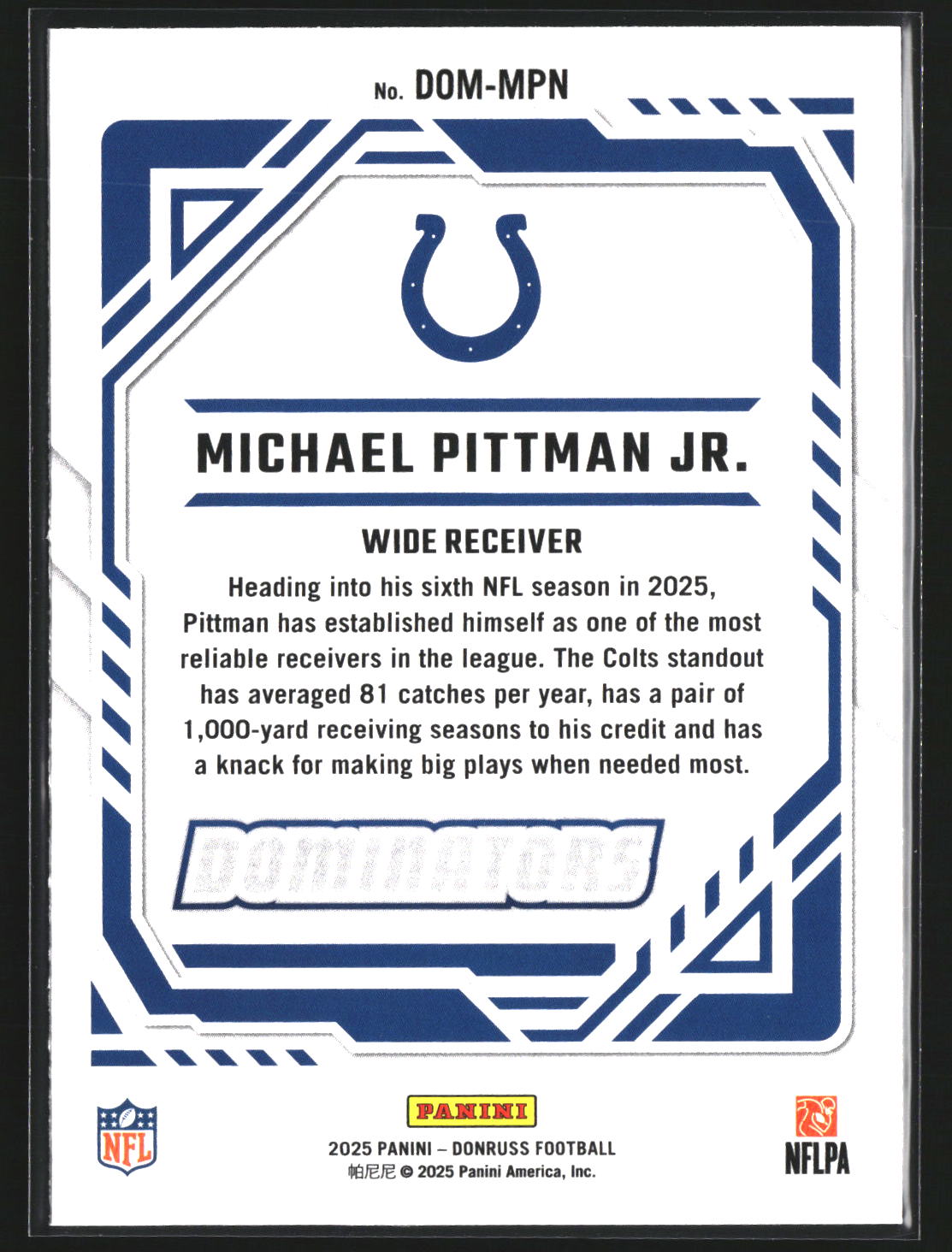 Michael Pittman Jr. 2025 Donruss DOM-MPN Dominators Indianapolis Colts
