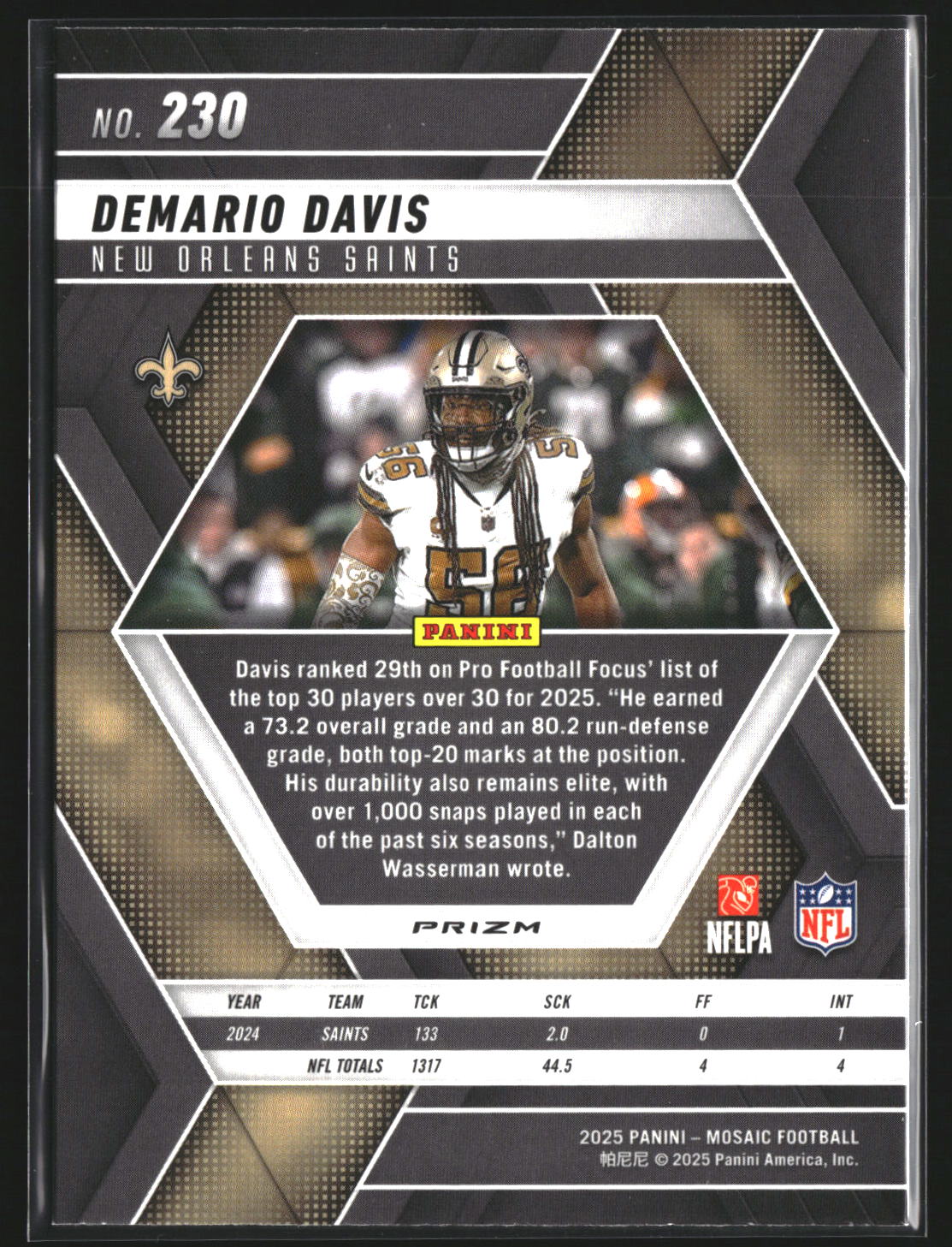 Demario Davis 2025 Panini Mosaic 230 Silver New Orleans Saints
